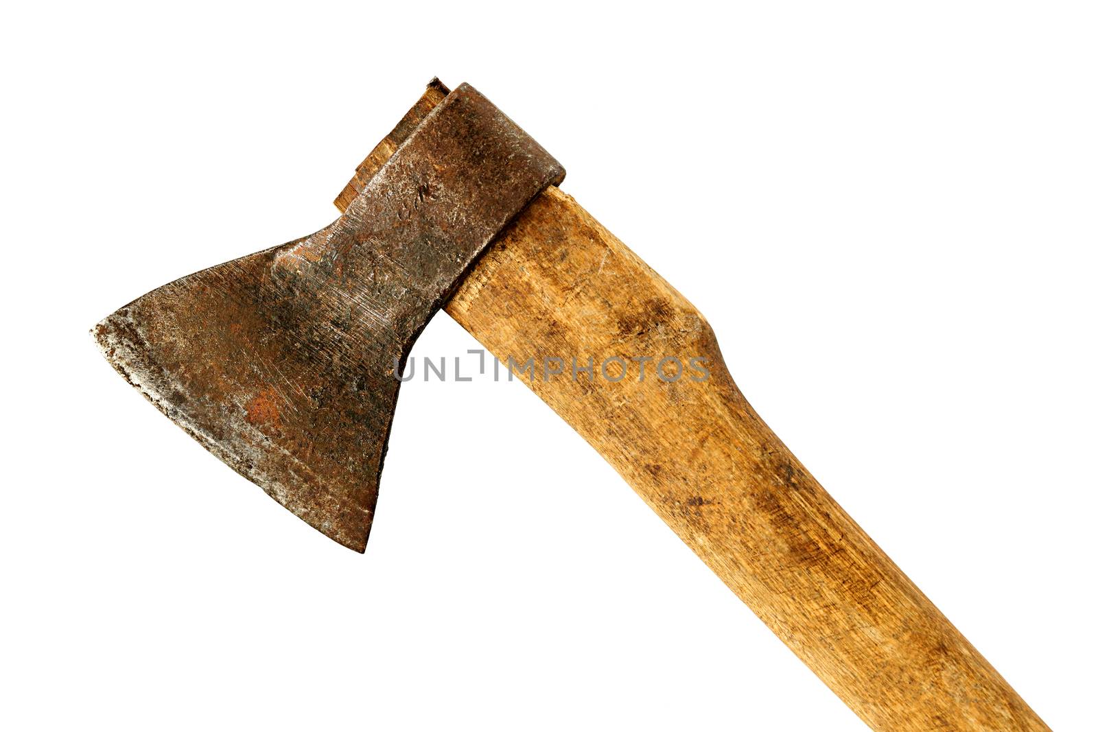 Old ax with a wooden handle close-up, isolated on a white background