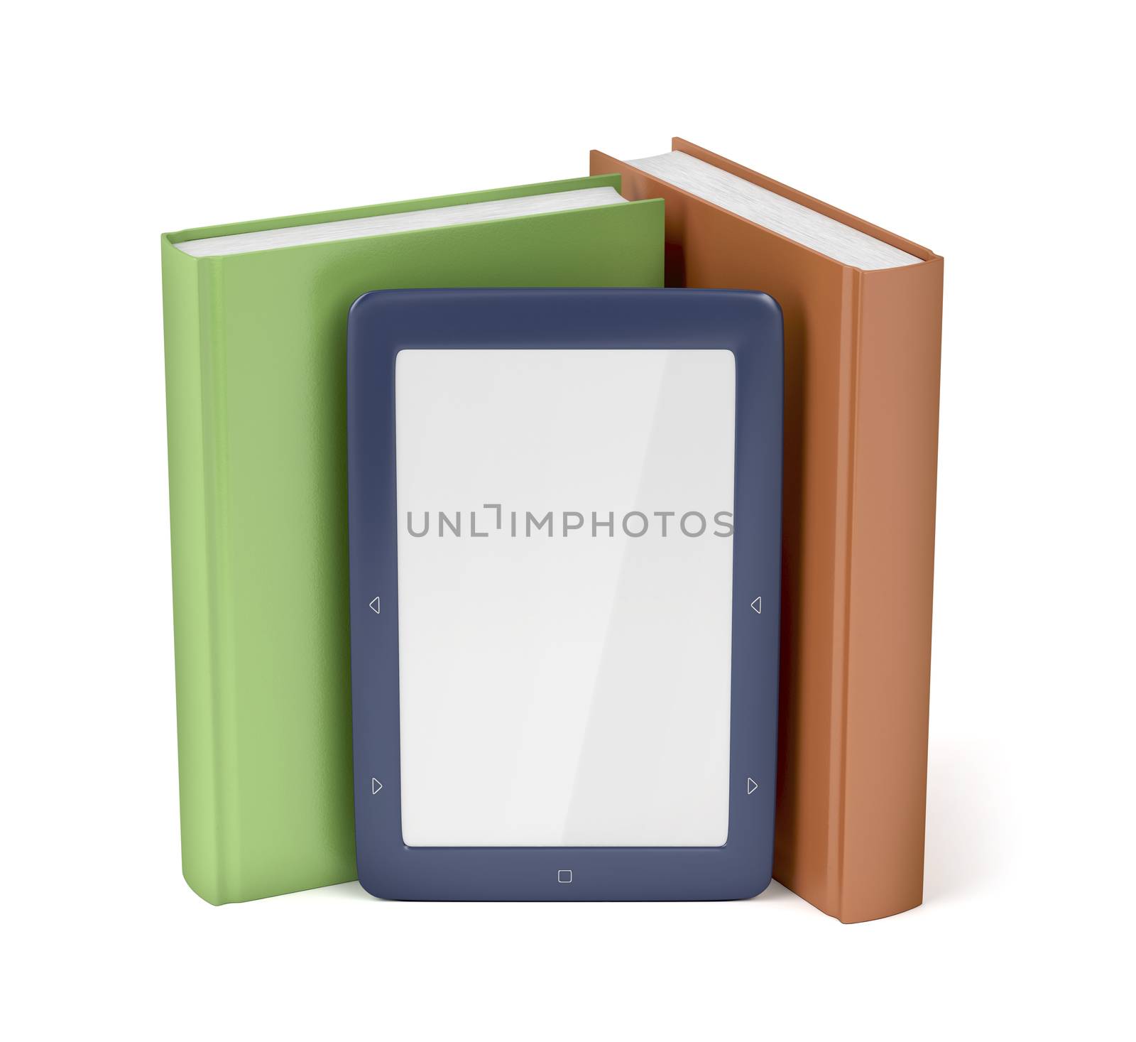 E-reader and two books on white by magraphics