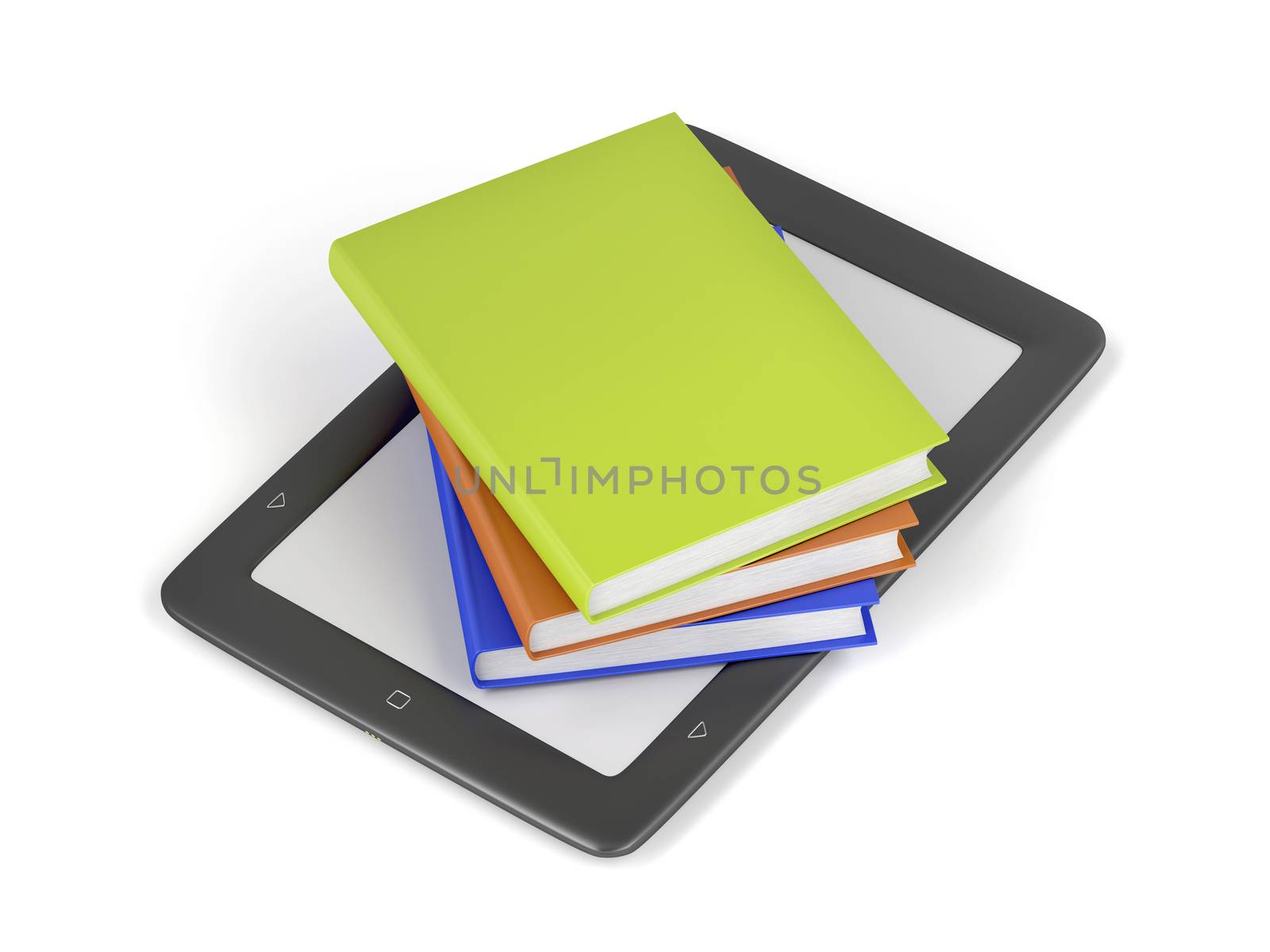 Stack of colorful books on electronic book reader on white background