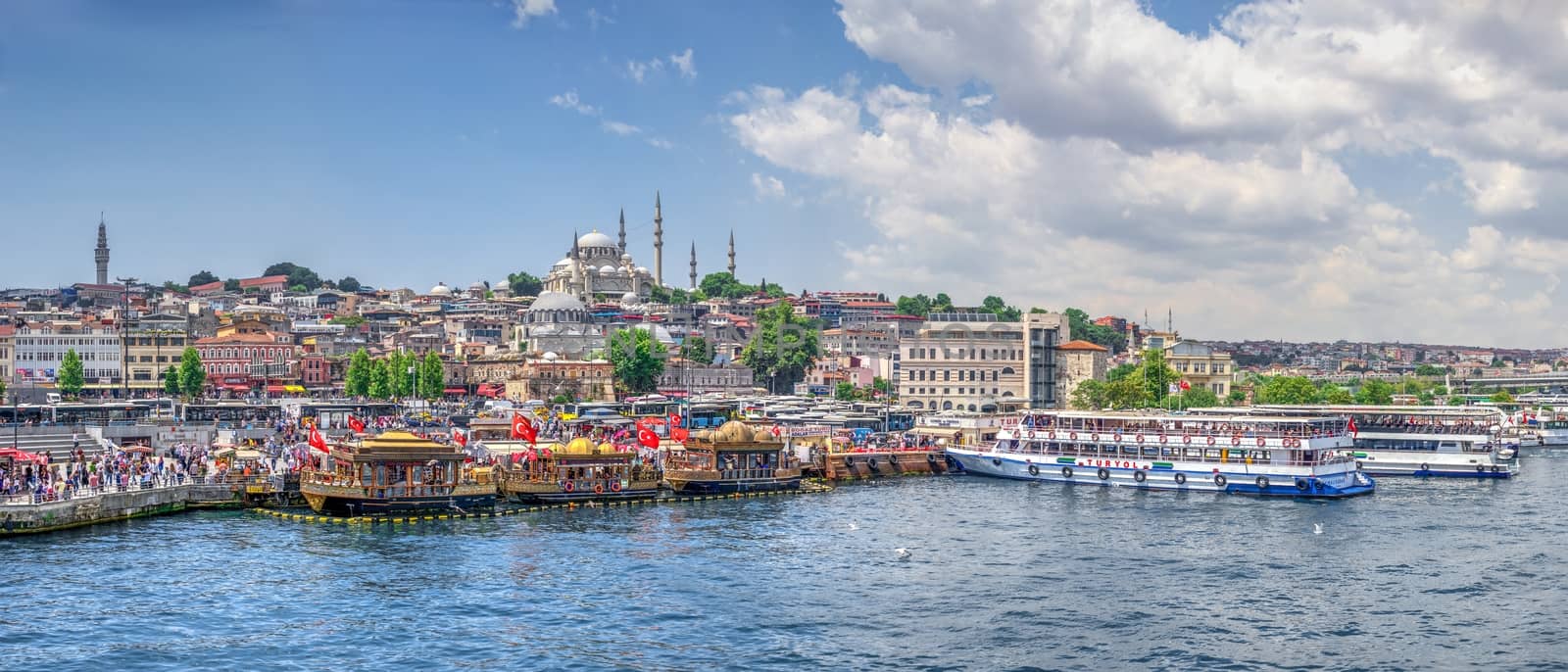 Istambul, Turkey – 07.13.2019. Panoramic view of Port For Bosphorus Trips with pleasure boats in Istambul on a summer day