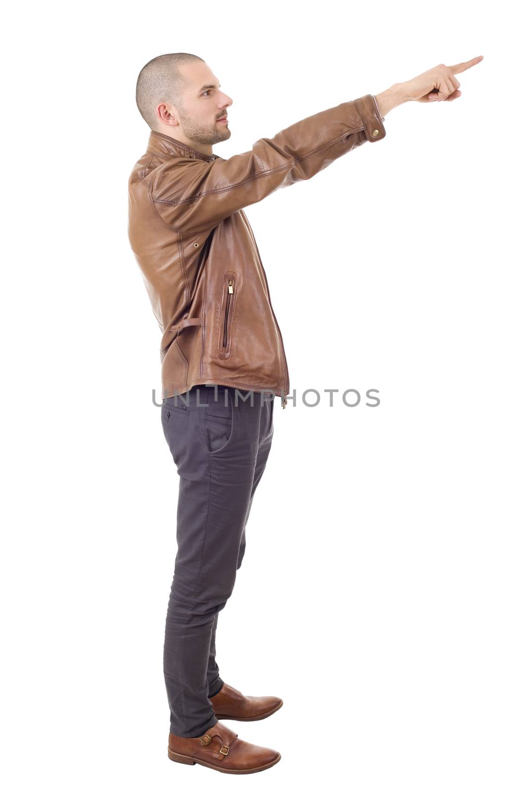 young casual man pointing, isolated on white