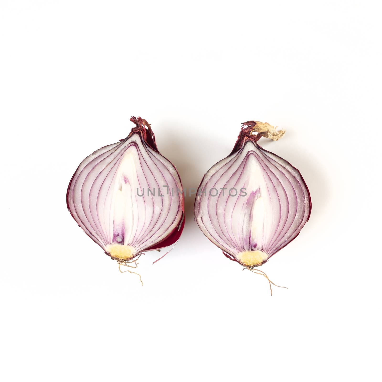 an onion cut on a white surface