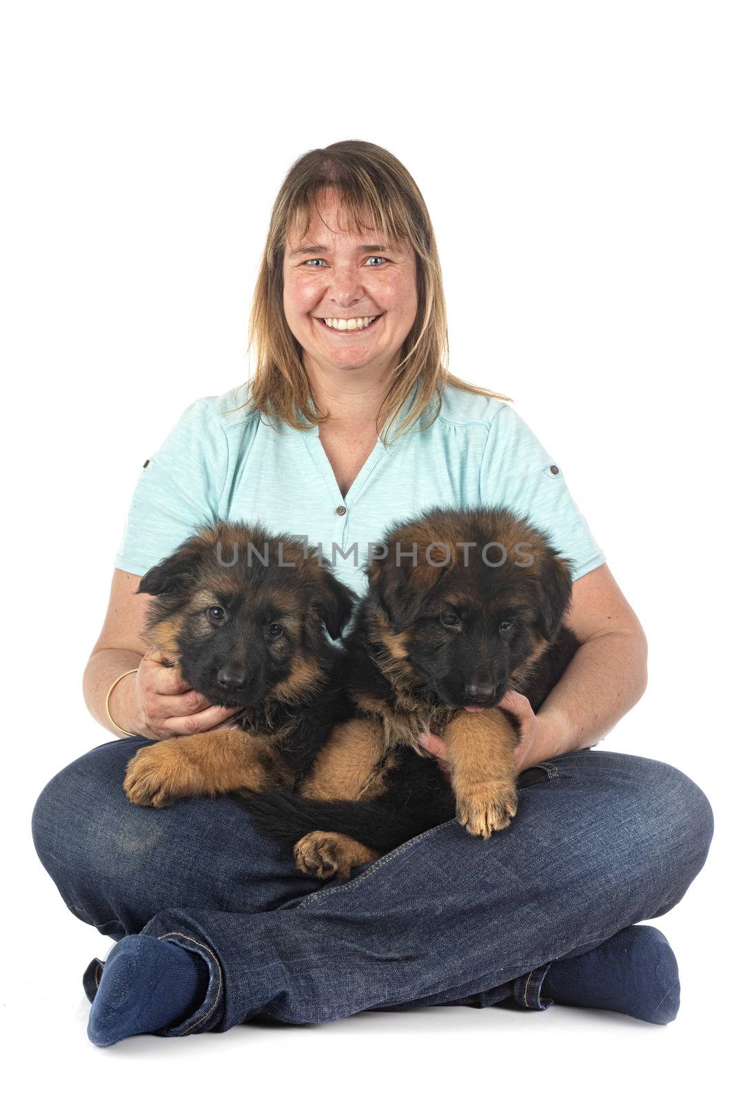 puppies german shepherd and woman in front of white background