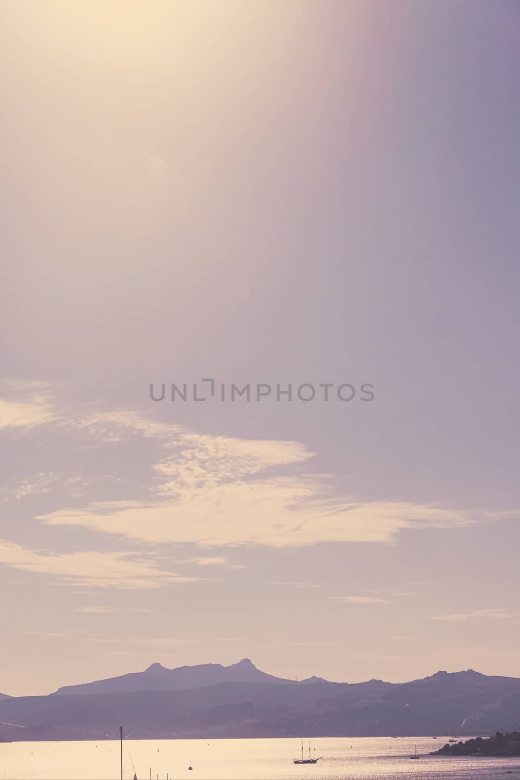 Sea view and mountains in the Mediterranean at sunset, summer vacation travel and holiday destination by Anneleven