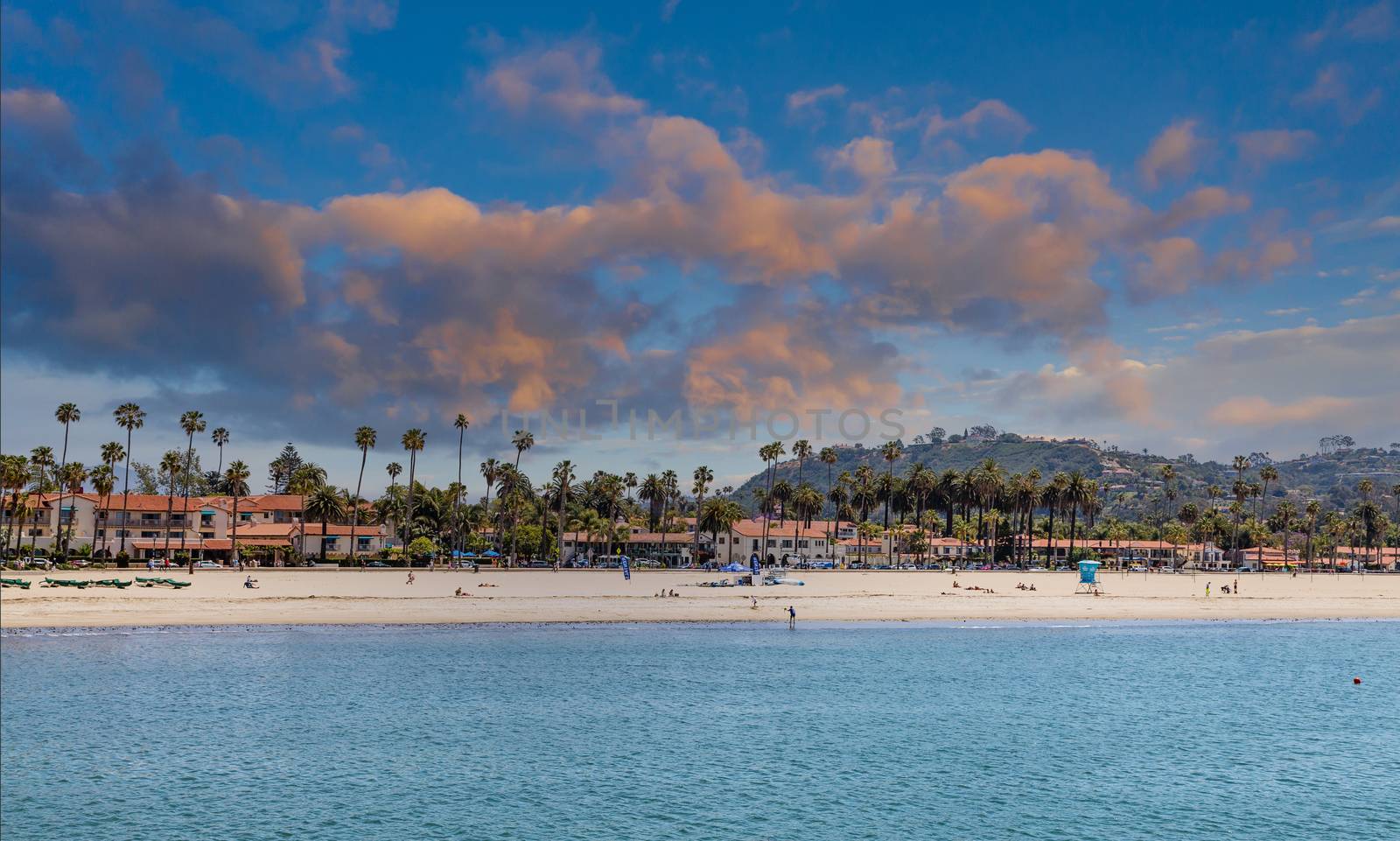 Palm Trees and Resort on Santa Barbara Beach at Dawn by dbvirago
