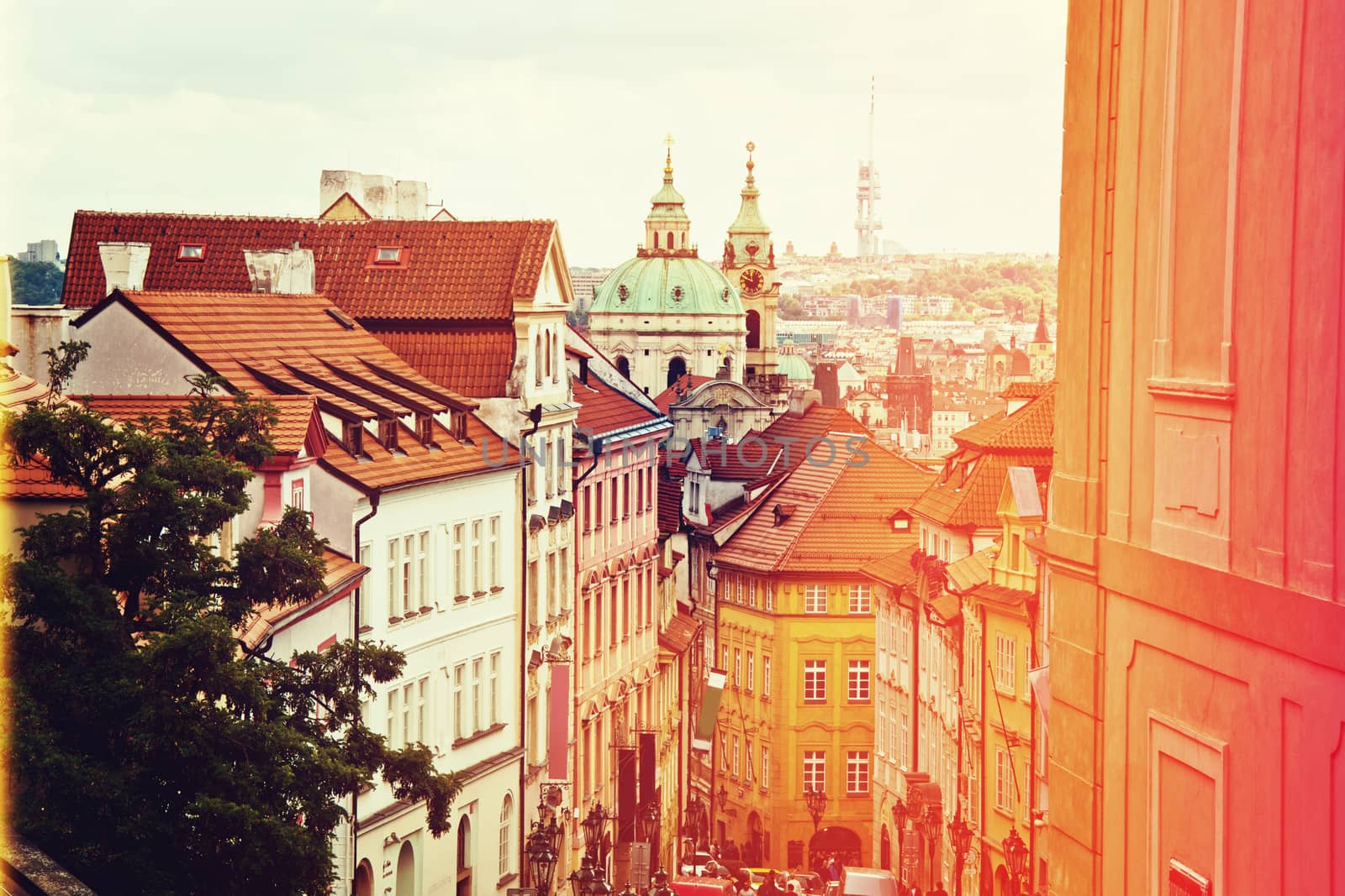 Prague architecture. Buildings and landmarks in retro vintage colors.