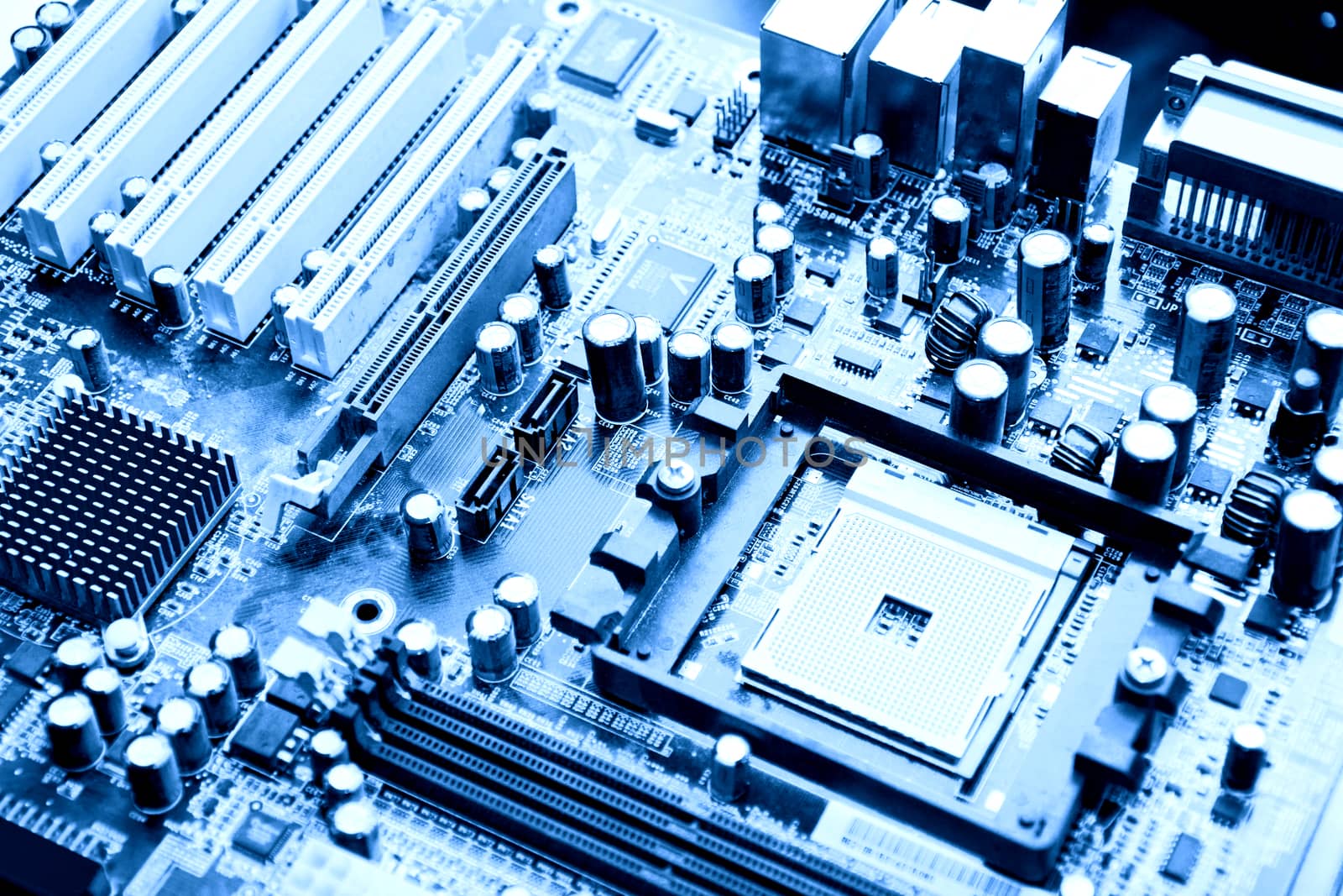 Computer technology concept. Blue background.