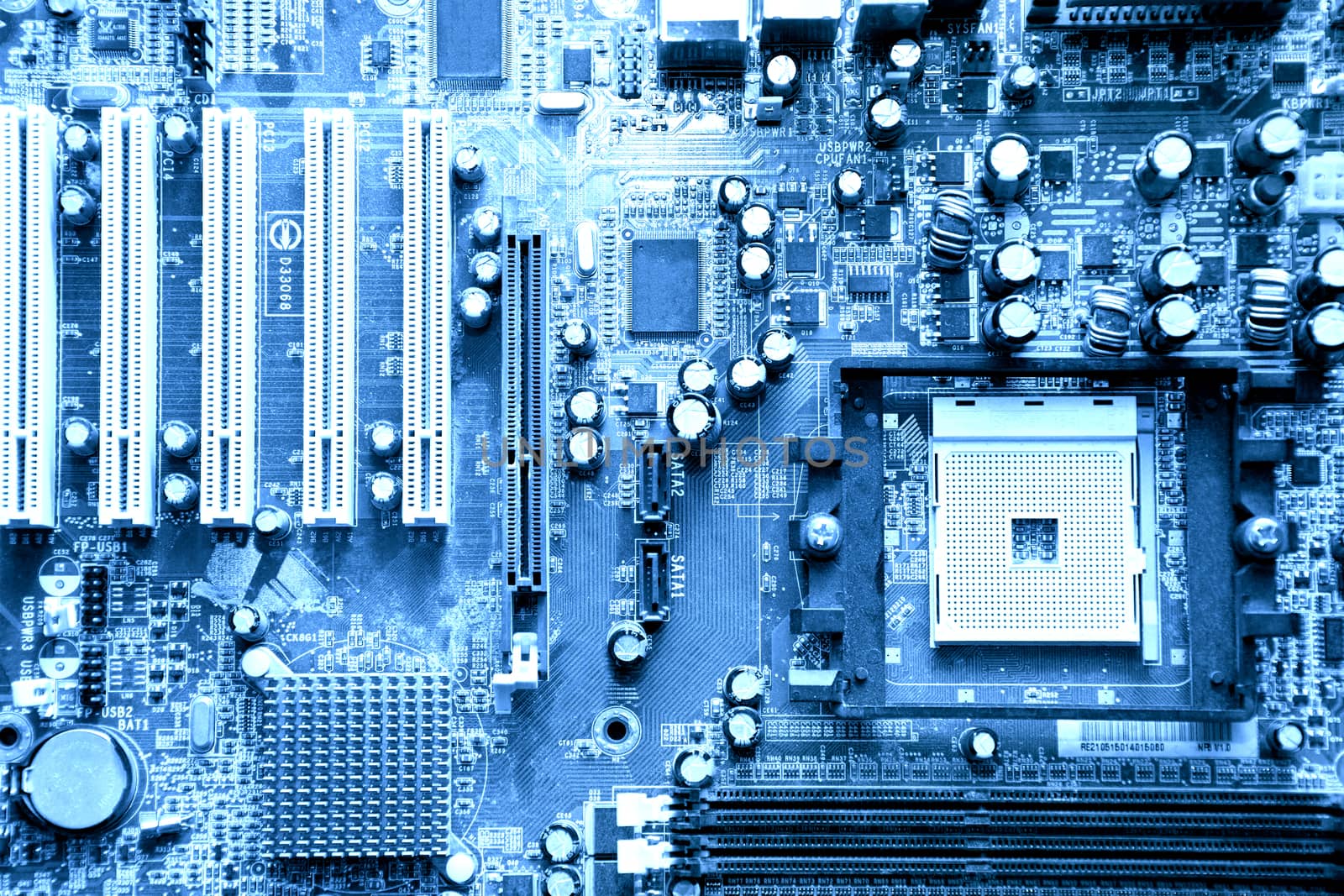 Computer technology concept. Blue background.