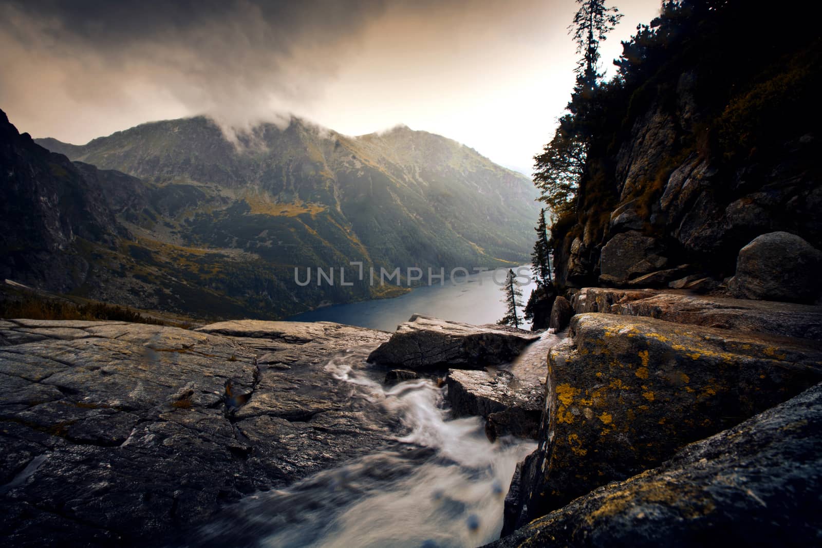 River in foggy mountains landscape. Nature in mountains.