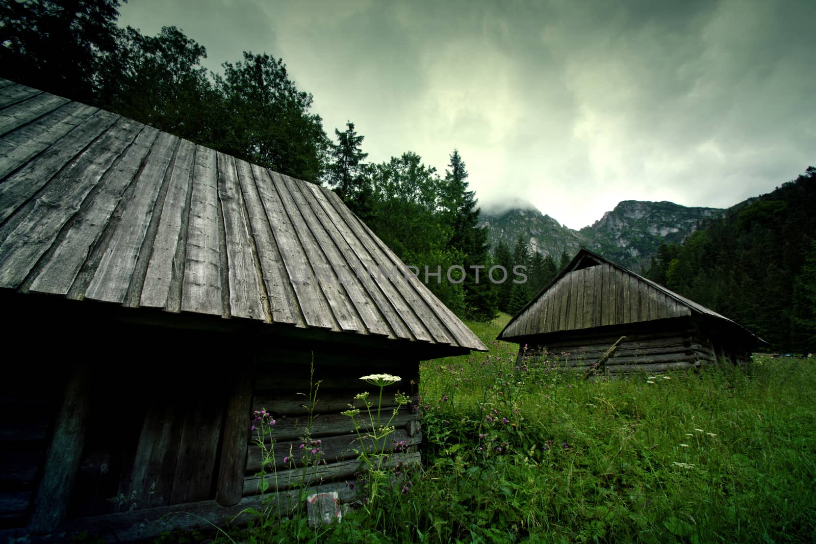 Mountains Landscape. Small wooden house. Nature in wilderness.