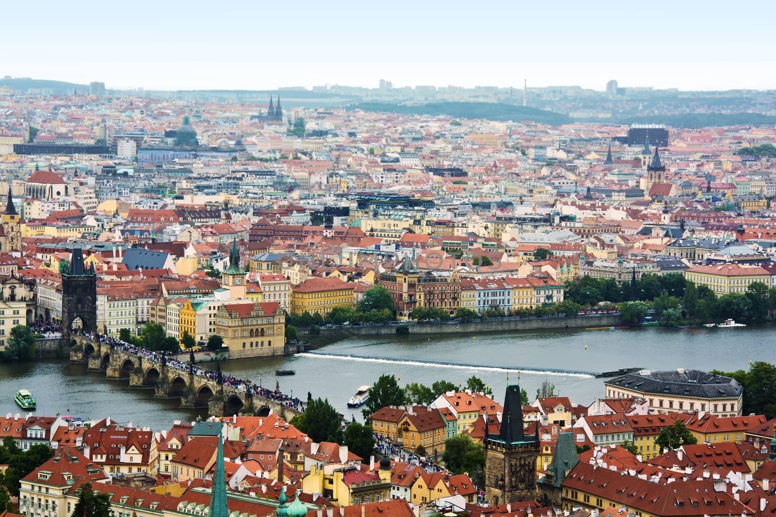 Prague panorama with Charles Bridge and Vltava river.