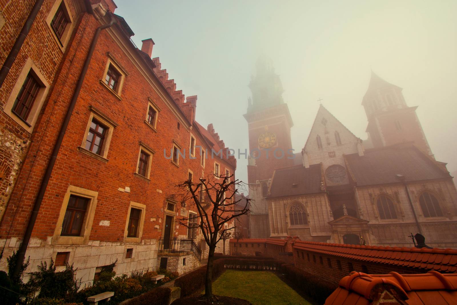 Church in the fog. The Royal Archcathedral Basilica of Saints Stanislaus and Wenceslaus on Wawel, Craców, Poland.