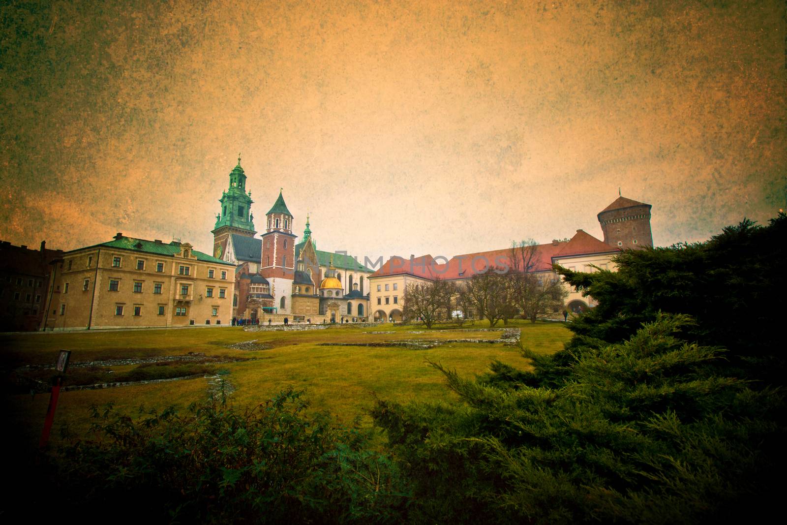 View of Wawel Castle in Cracow, Poland. Retro vintage, grunge style.