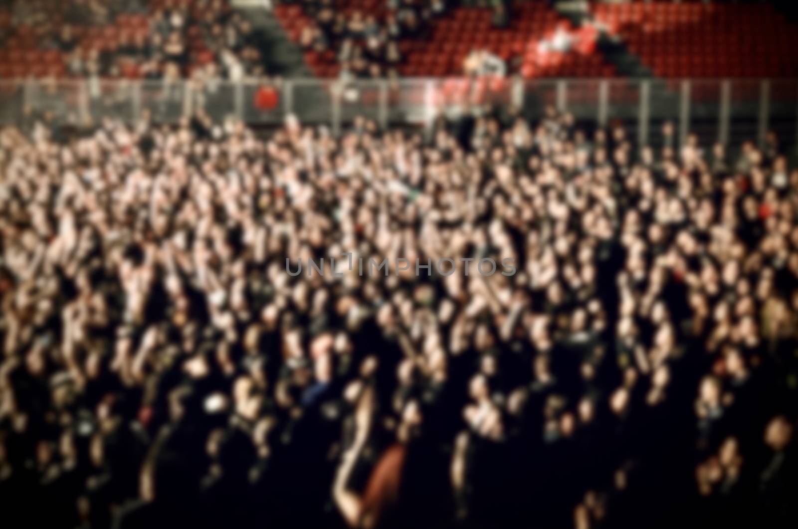 Music concert performance crowd shouting and having fun blurred background. Shot Taken 07 April 2019 in Sofia, Bulgaria