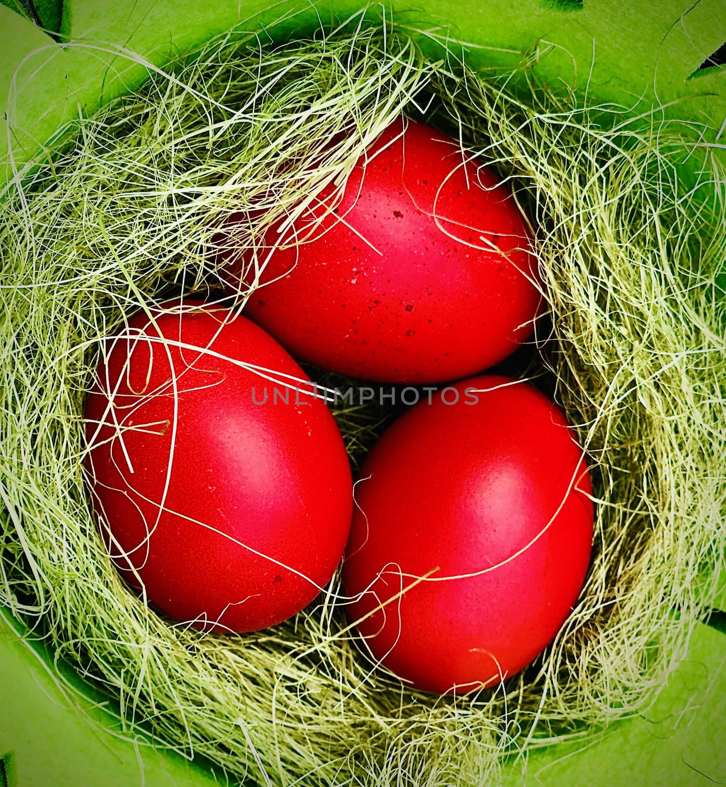 red colored Easter eggs in a green basket with green grass by F1b0nacci