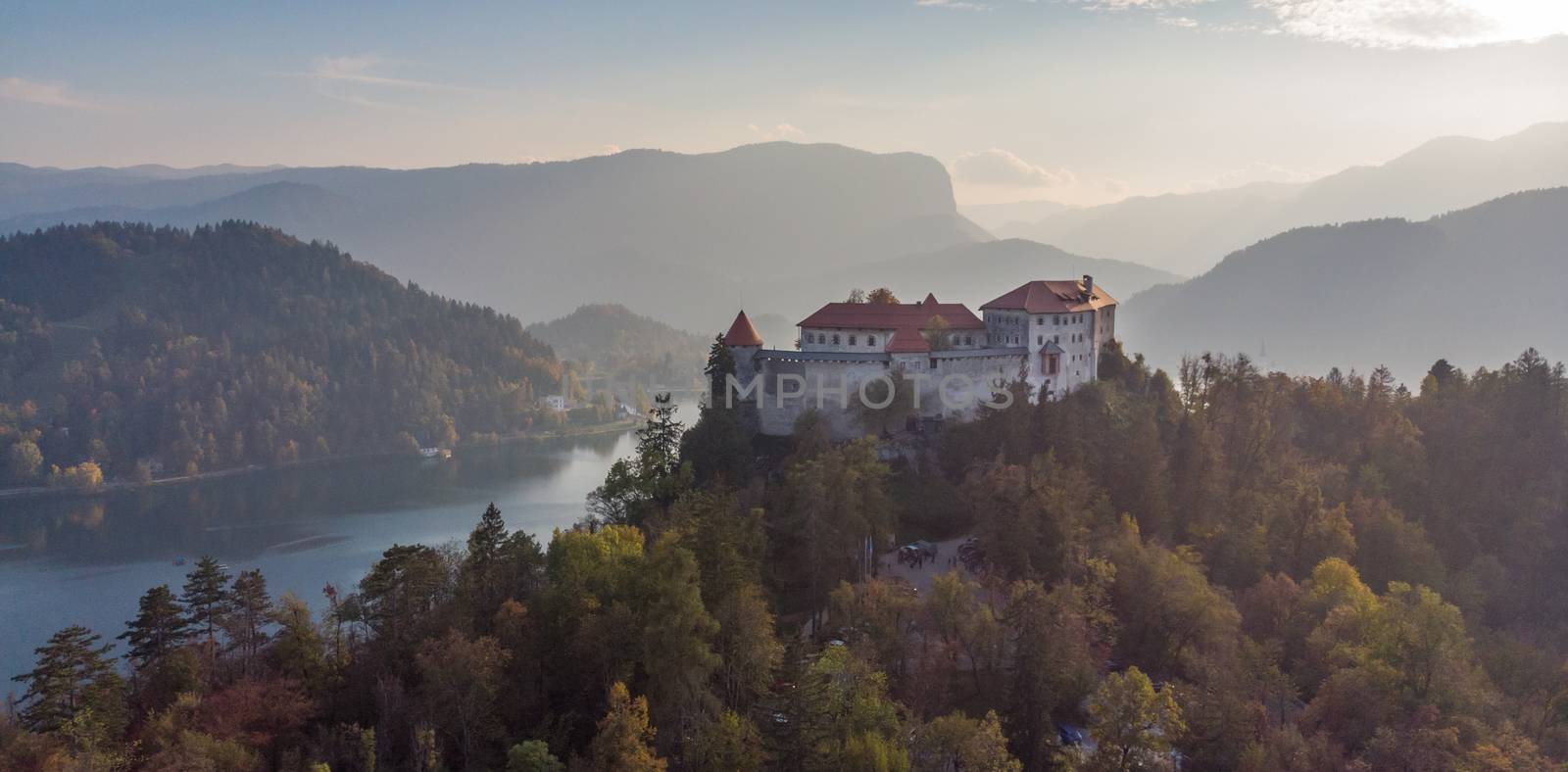 Aerial panoramic view of Lake Bled and the castle of Bled, Slovenia, Europe. Aerial drone photography. by kasto