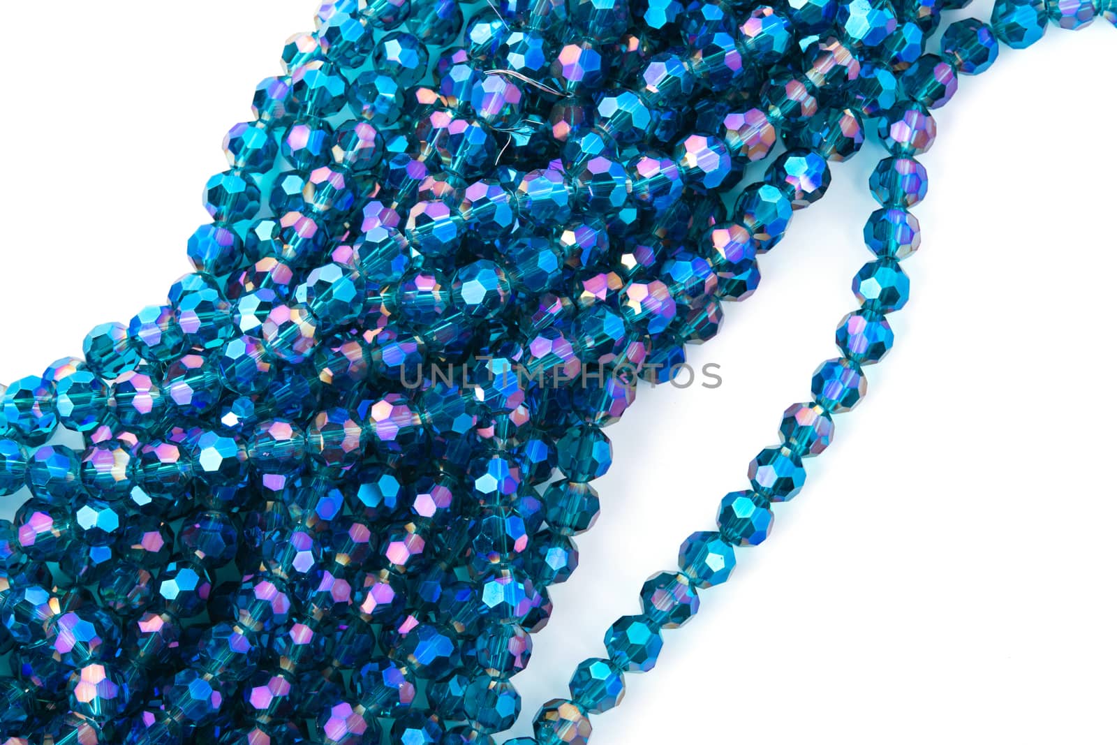 Beautiful Light Blue Glass Sparkle Crystal Isoalted Beads on white background. Use for diy beaded jewelry