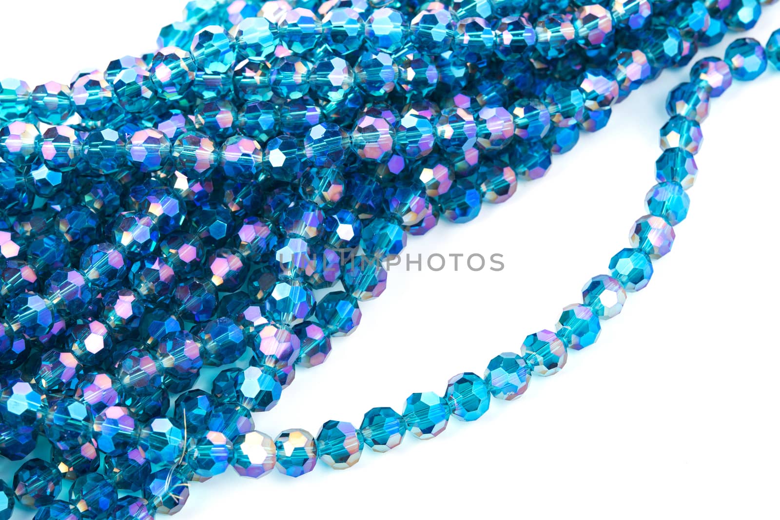 Beautiful Light Blue Glass Sparkle Crystal Isoalted Beads on white background. Use for diy beaded jewelry