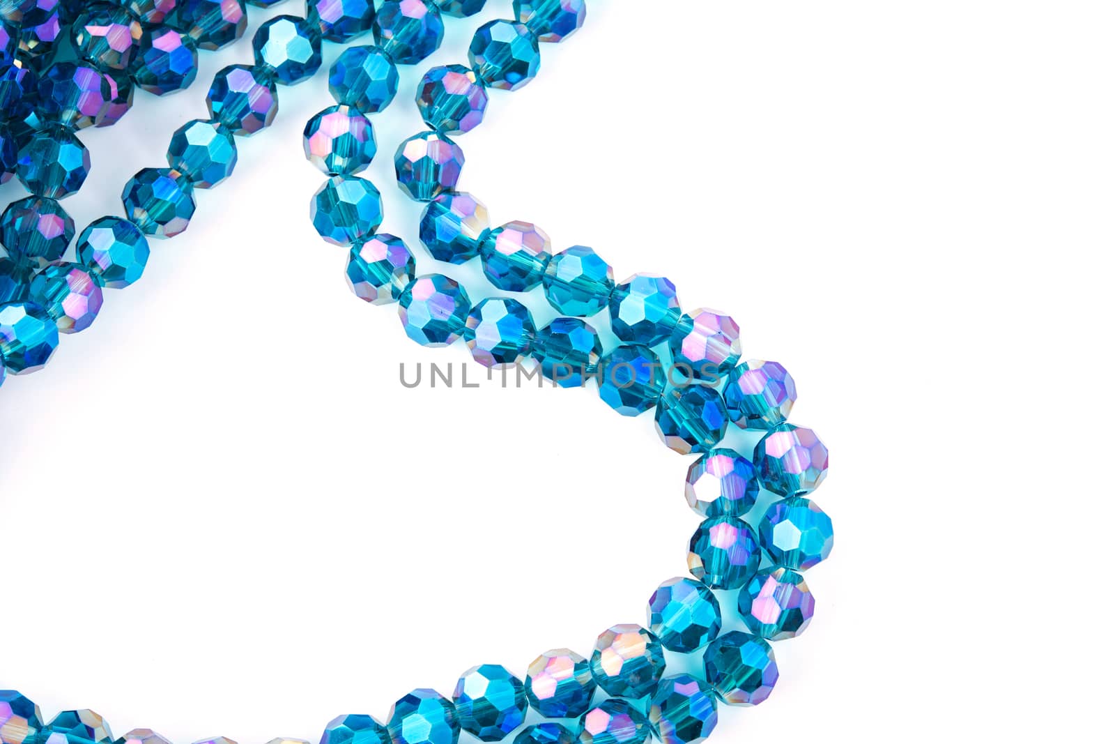 Beautiful Light Blue Glass Sparkle Crystal Isoalted Beads on white background. Use for diy beaded jewelry