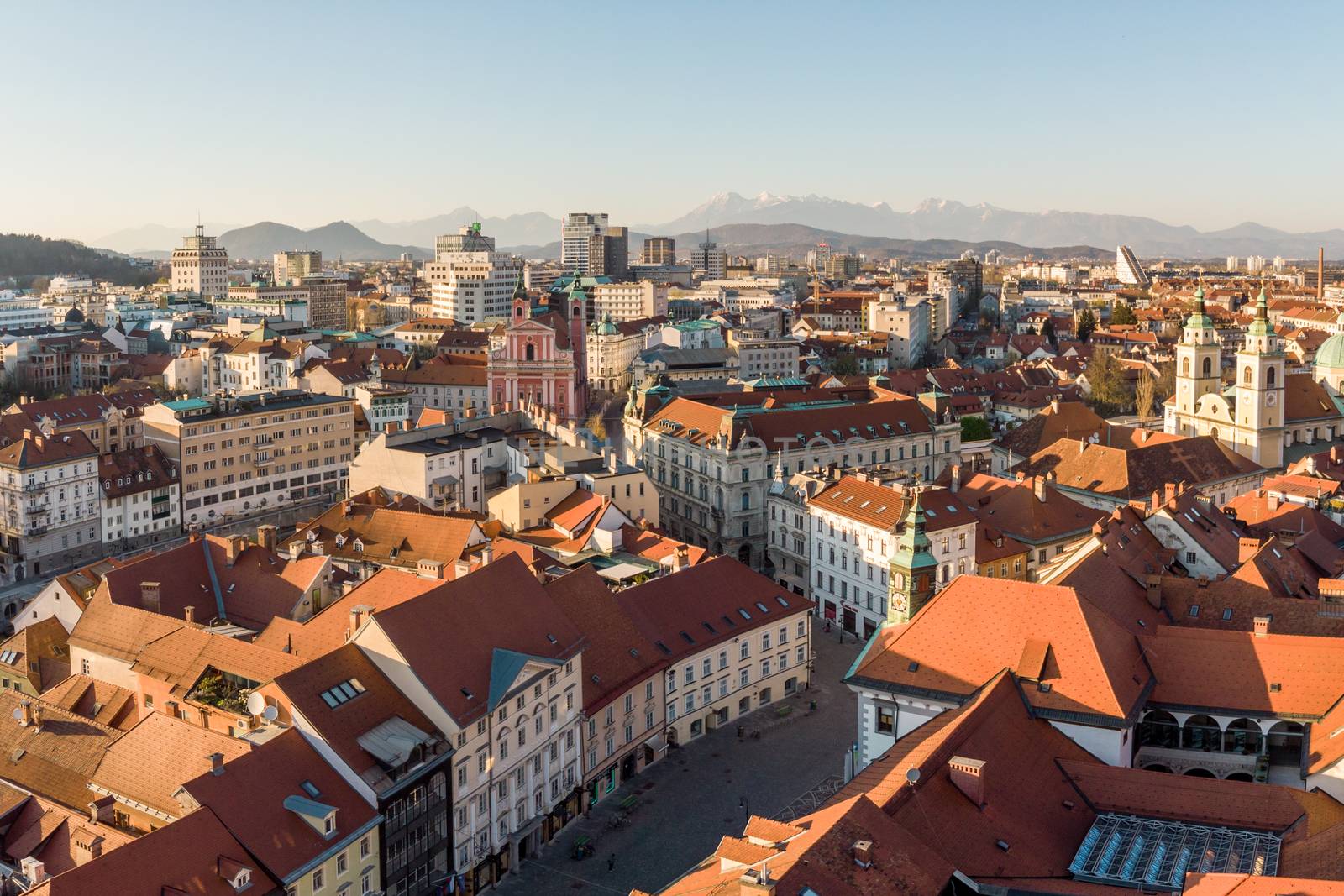 Panoramic view of Ljubljana, capital of Slovenia, at sunset. Empty streets of Slovenian capital during corona virus pandemic social distancing measures in 2020.