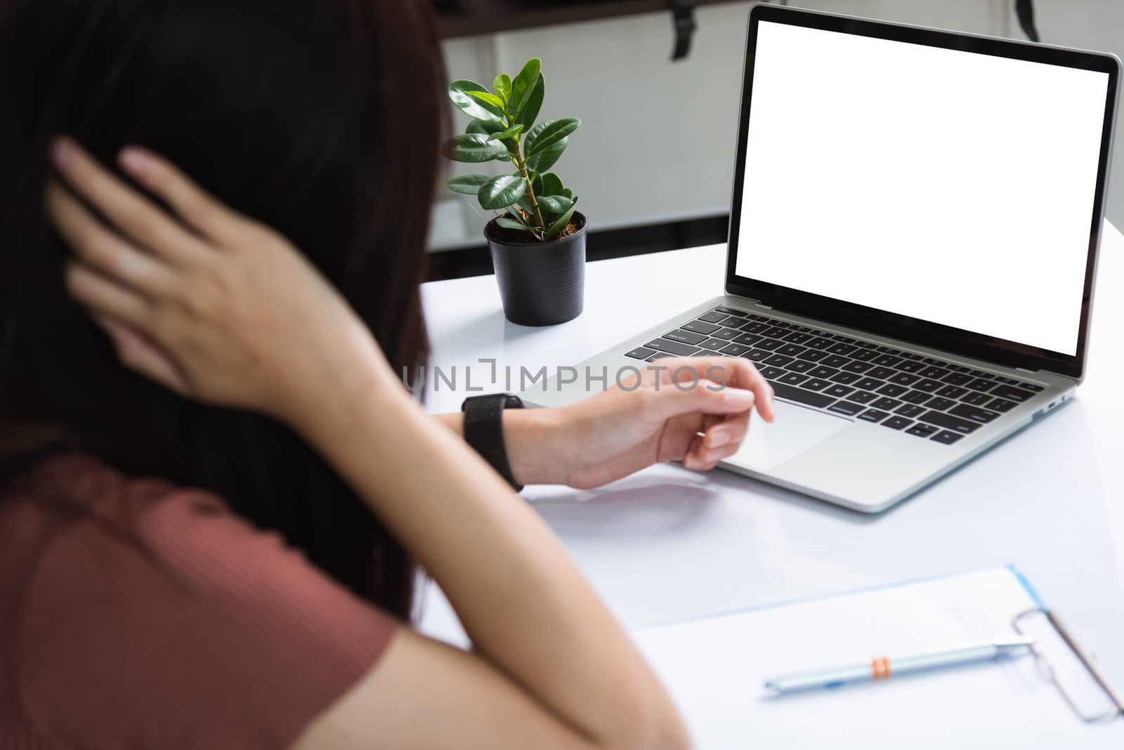 Back businesswoman video conference on front laptop computer by Sorapop