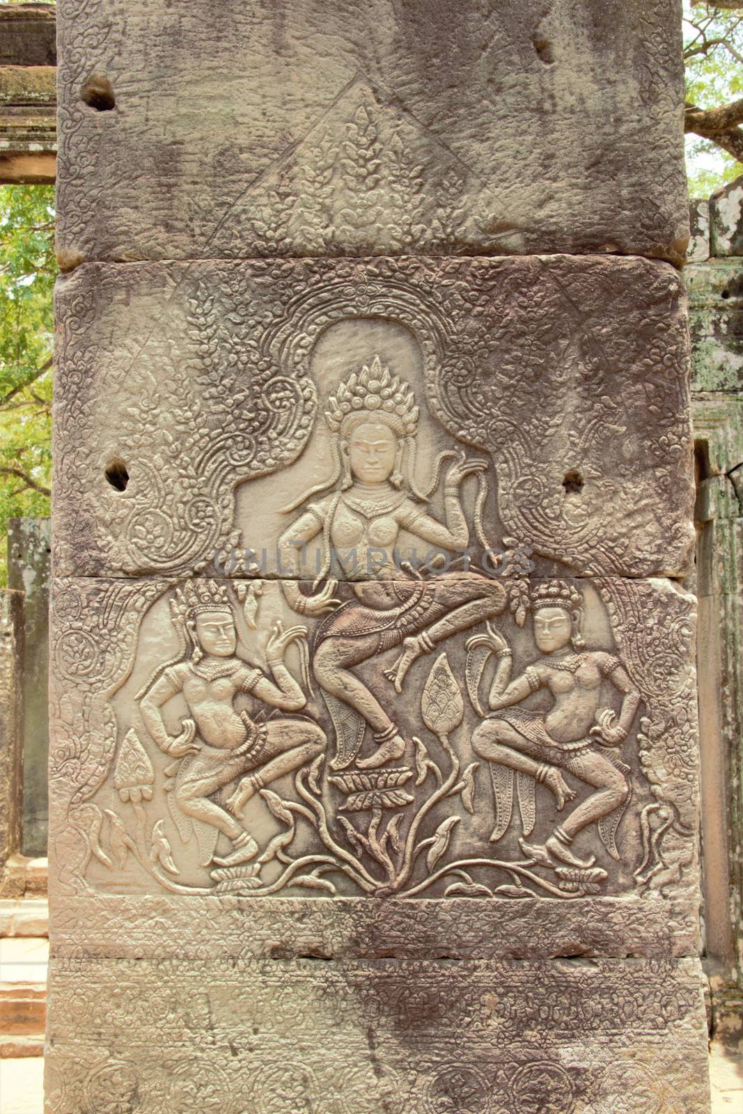Bayon temple angkor thom, angkor wat, siem reap cambodia carving on the wall