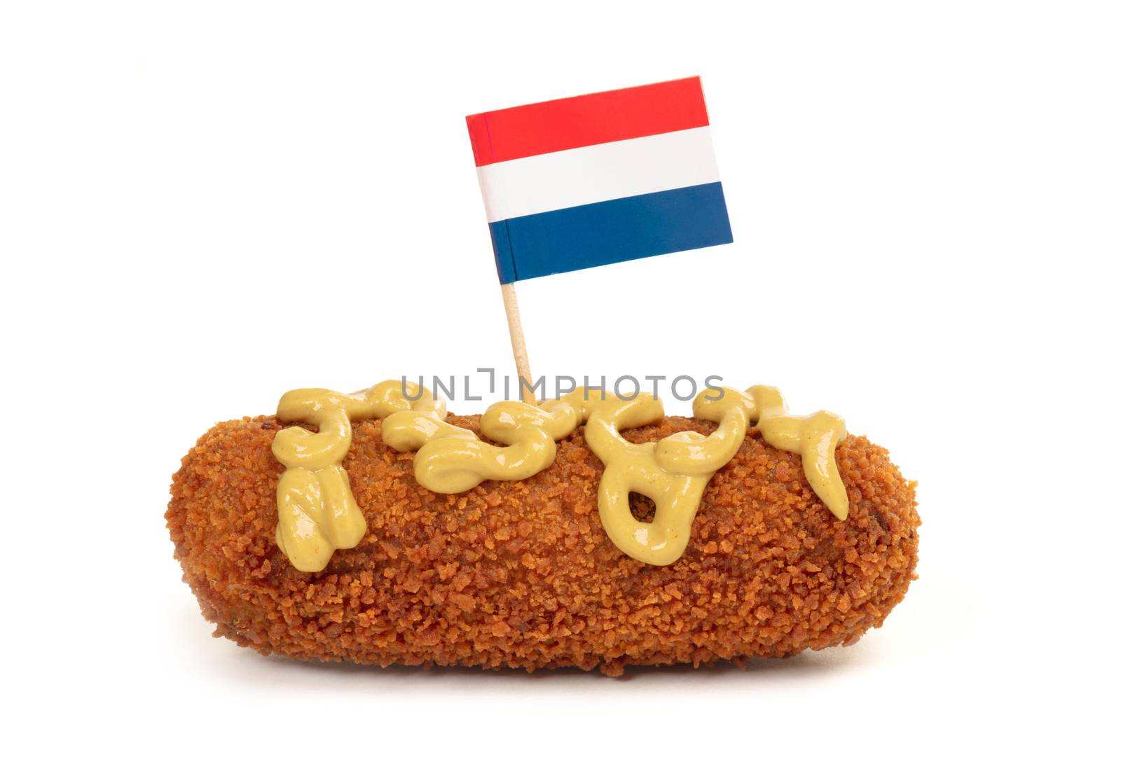 Brown crusty dutch kroket with mustard topping isolated on a white background