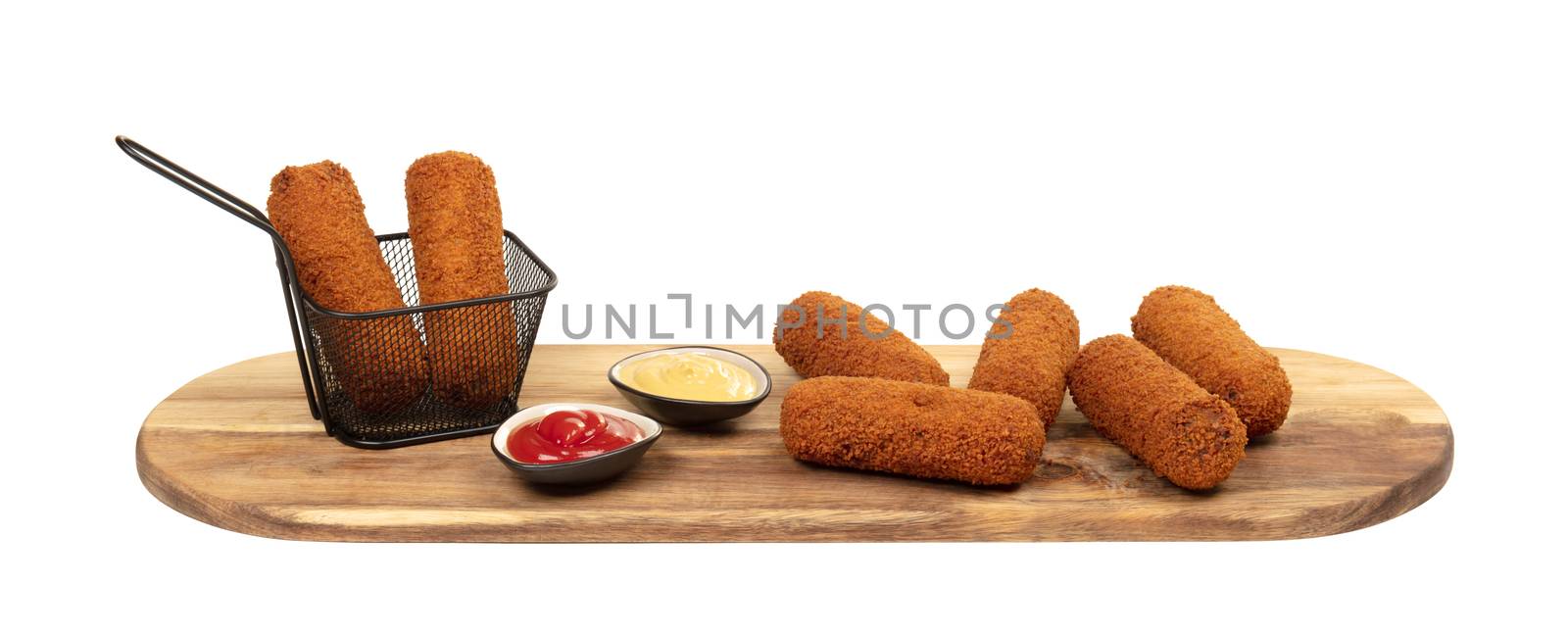 Brown crusty dutch kroketten on a serving tray isolated on a white background