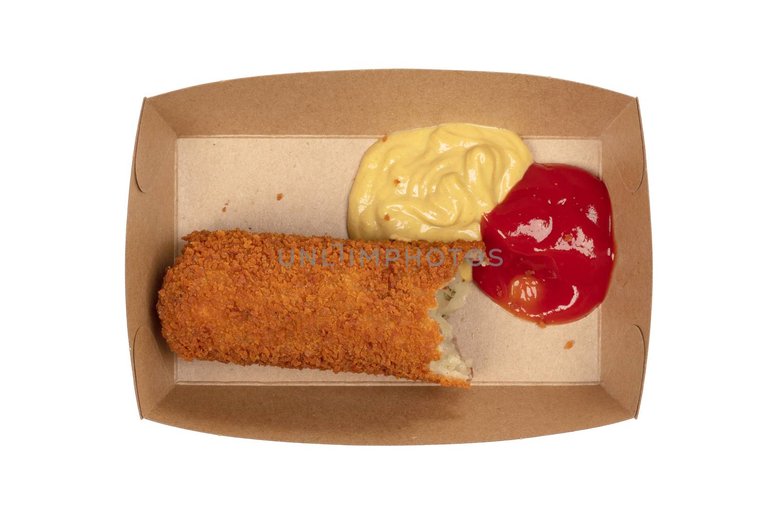 Partly eaten brown crusty dutch kroket with mustard and ketchup isolated on a white background