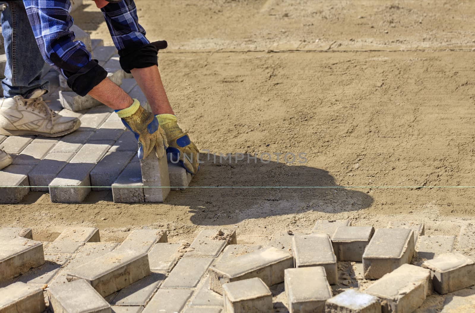 The worker lays the pavement along the tensioned cord on the prepared flat sandy soil on the sidewalk.