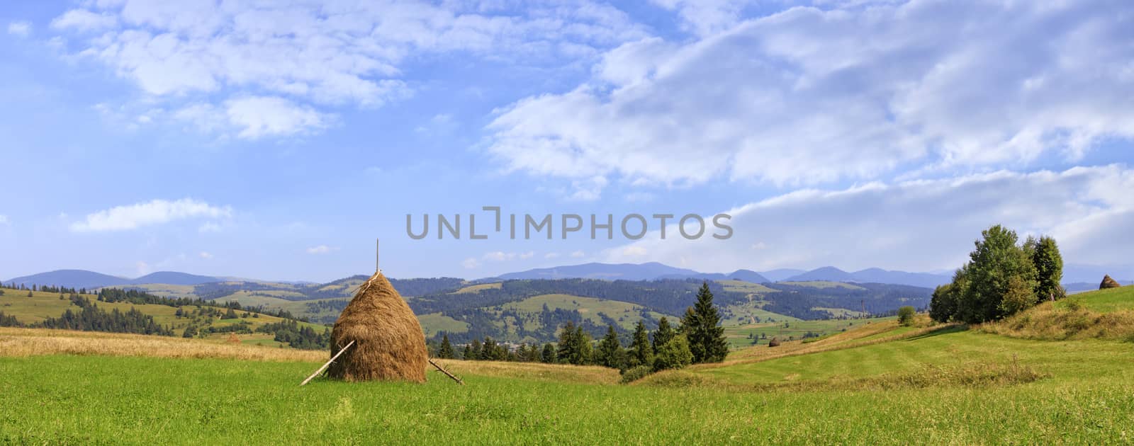 Haystack on a meadow on a hillside, beautiful mountain landscape on a bright sunny day. Panoramic view, Carpathians, Ukraine.