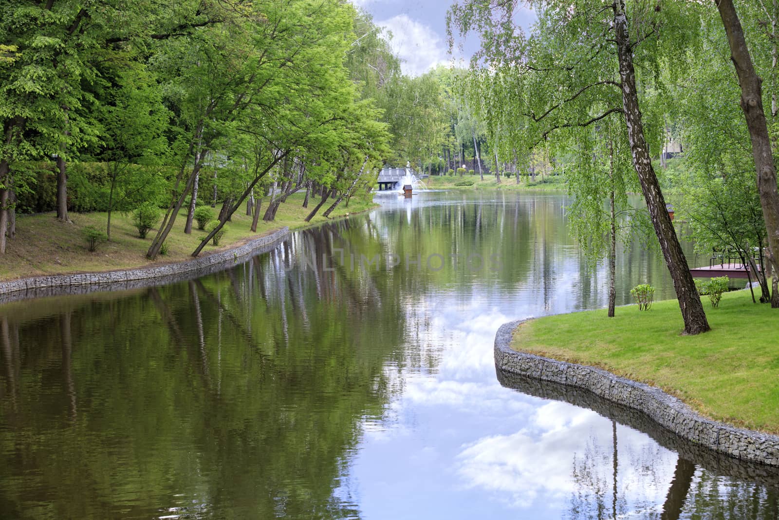 A forest pond with fountain in a beautiful picturesque summer park is located among various deciduous trees, framed on the banks of connected cobblestones and green grass.