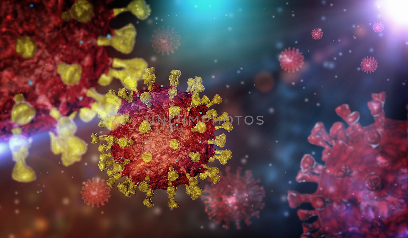 3D rendering of virus on blue and red background. Coronavirus COVID-19 microscopic virus corona virus disease 3d illustration. 