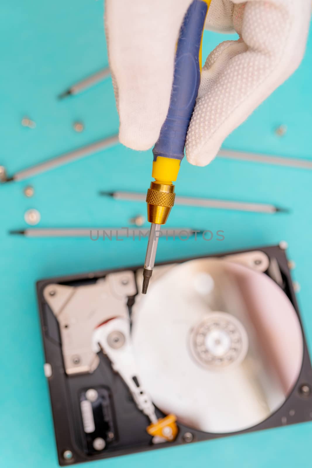 Set of screwdrivers for repair. Computer repair. Computer hard drive.