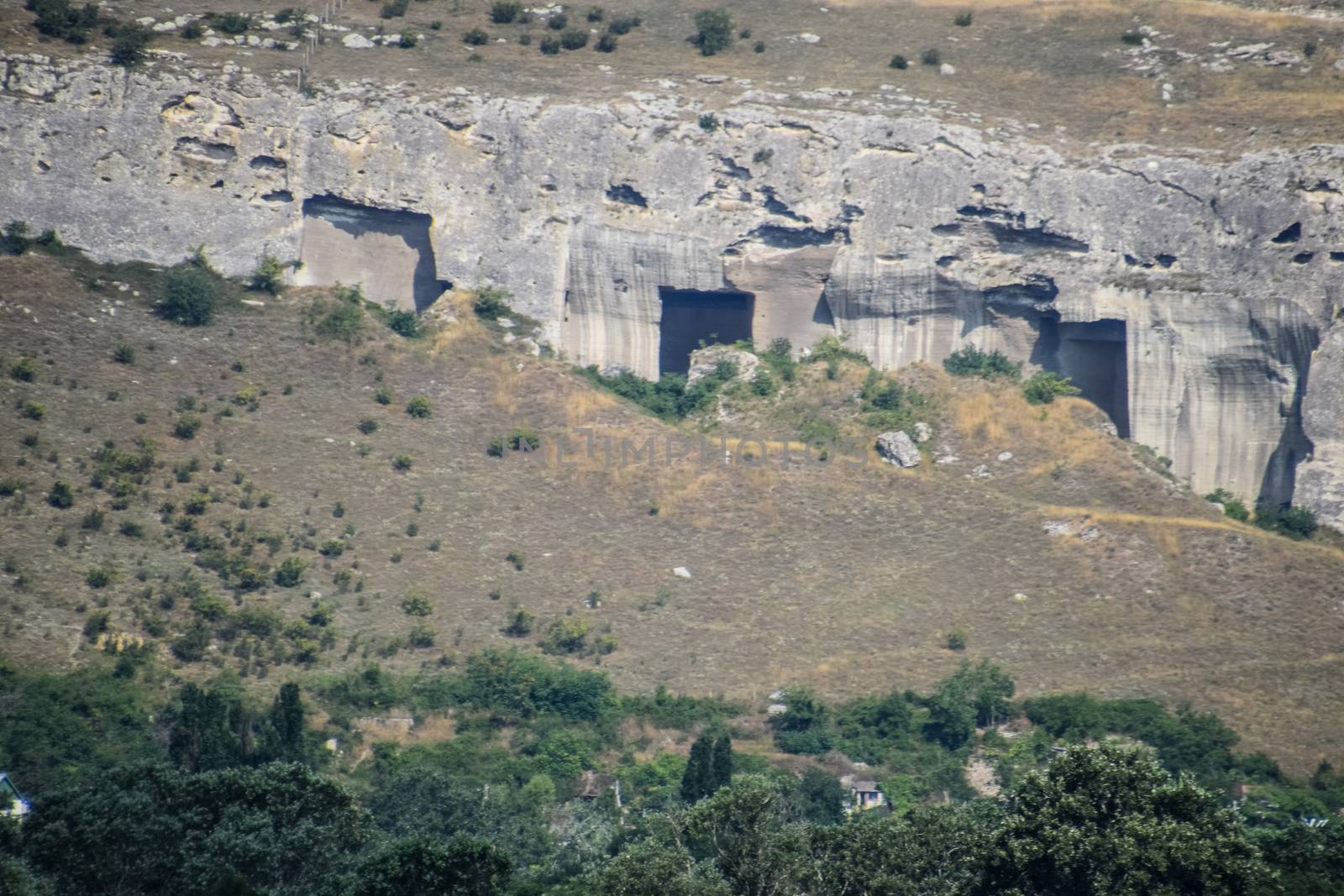 Ancient quarries in the rocks. Evidence of an ancient highly developed civilization. Crimean peninsula.