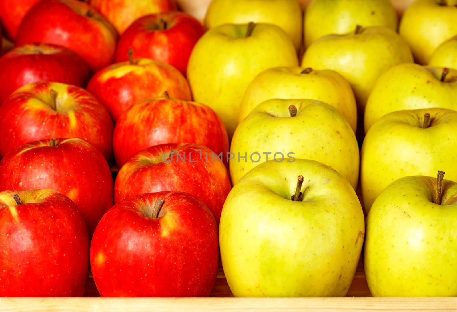 A bright background of fresh apples in red and yellow that are laid out in even rows on a market counter and attracts attention. Focus on foreground, background in slight blur.