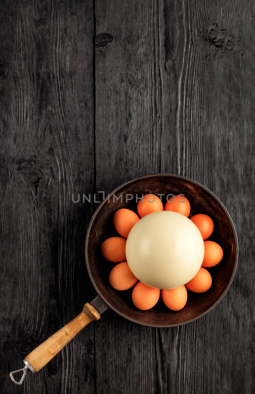 Ostrich egg, selective focuse, surrounded by chicken eggs in an old cast-iron skillet, which is standing on an old black wooden surface, top view, copy space, vertical image.