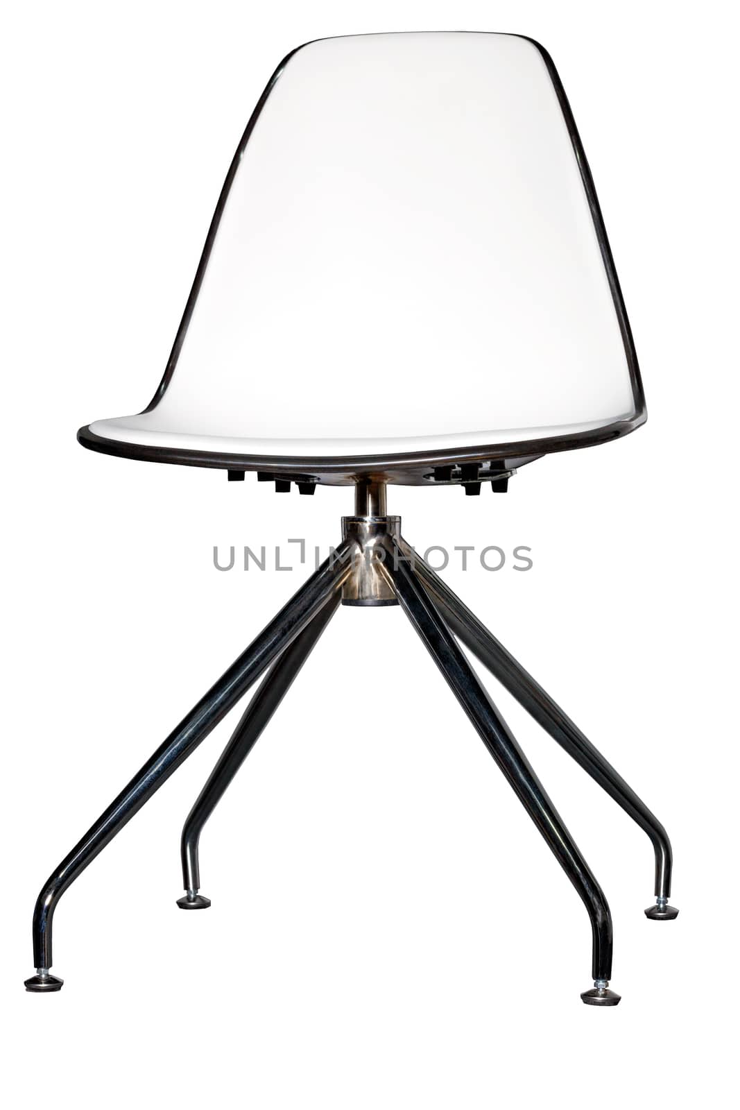 A metal chair rotating around its axis, with a soft white saddle and a comfortable arched back, photographed in front, isolated on a white background.