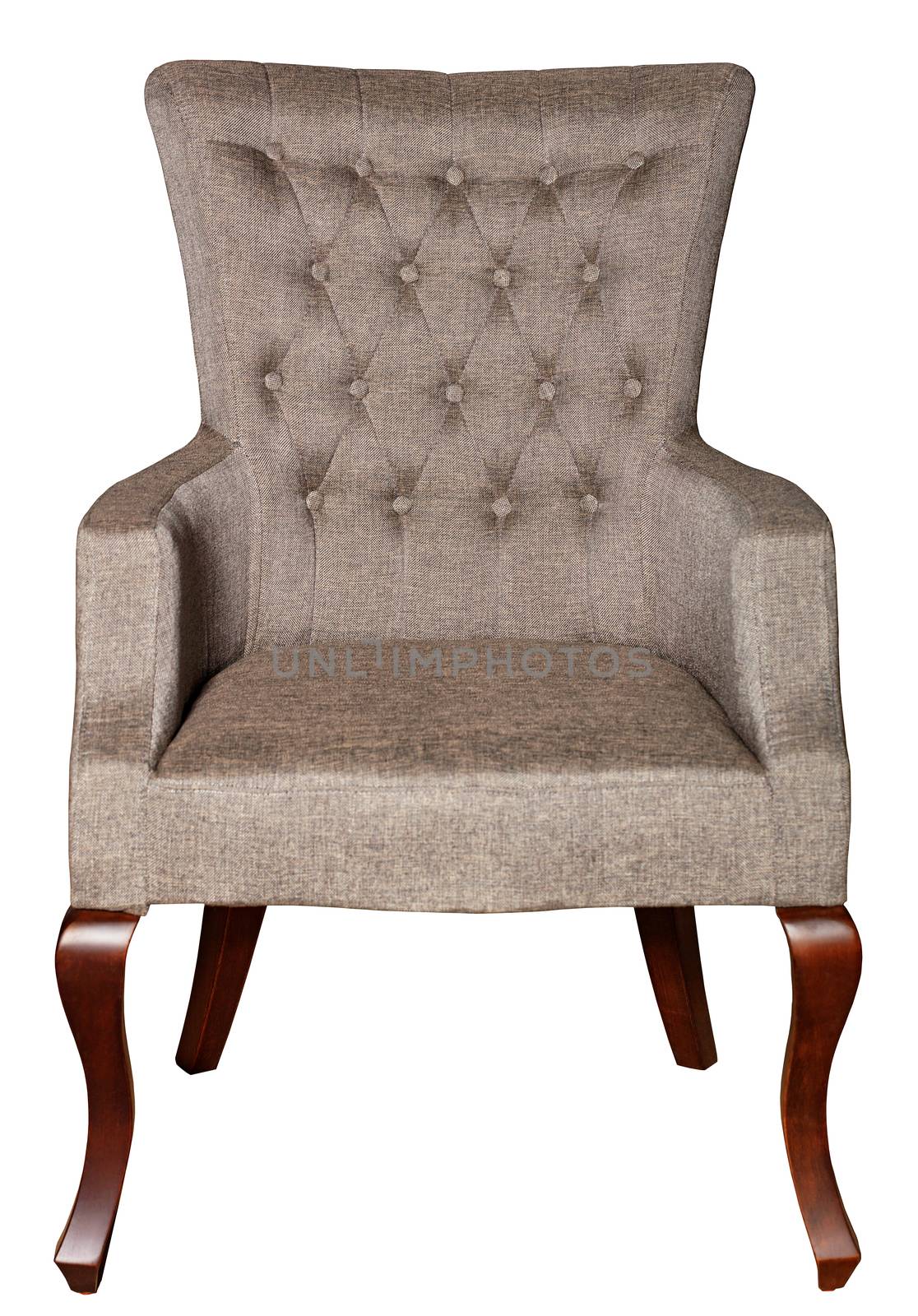 A wooden soft armchair upholstered in brown textile upholstery with bent curly legs, photographed frontally, isolated on a white background.