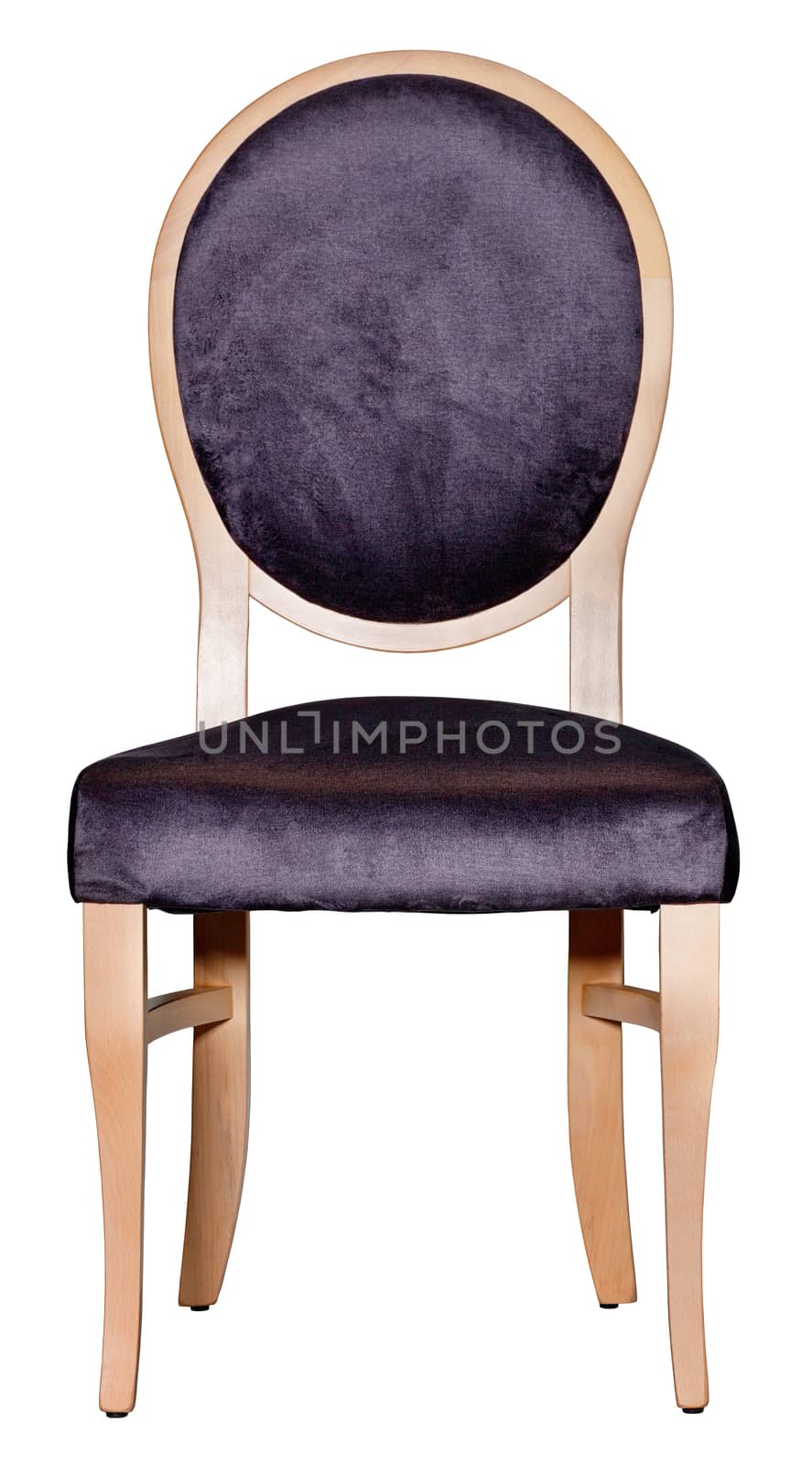 Classic wooden chair with soft dark purple upholstery and a round back, photographed in front, isolated on a white background.