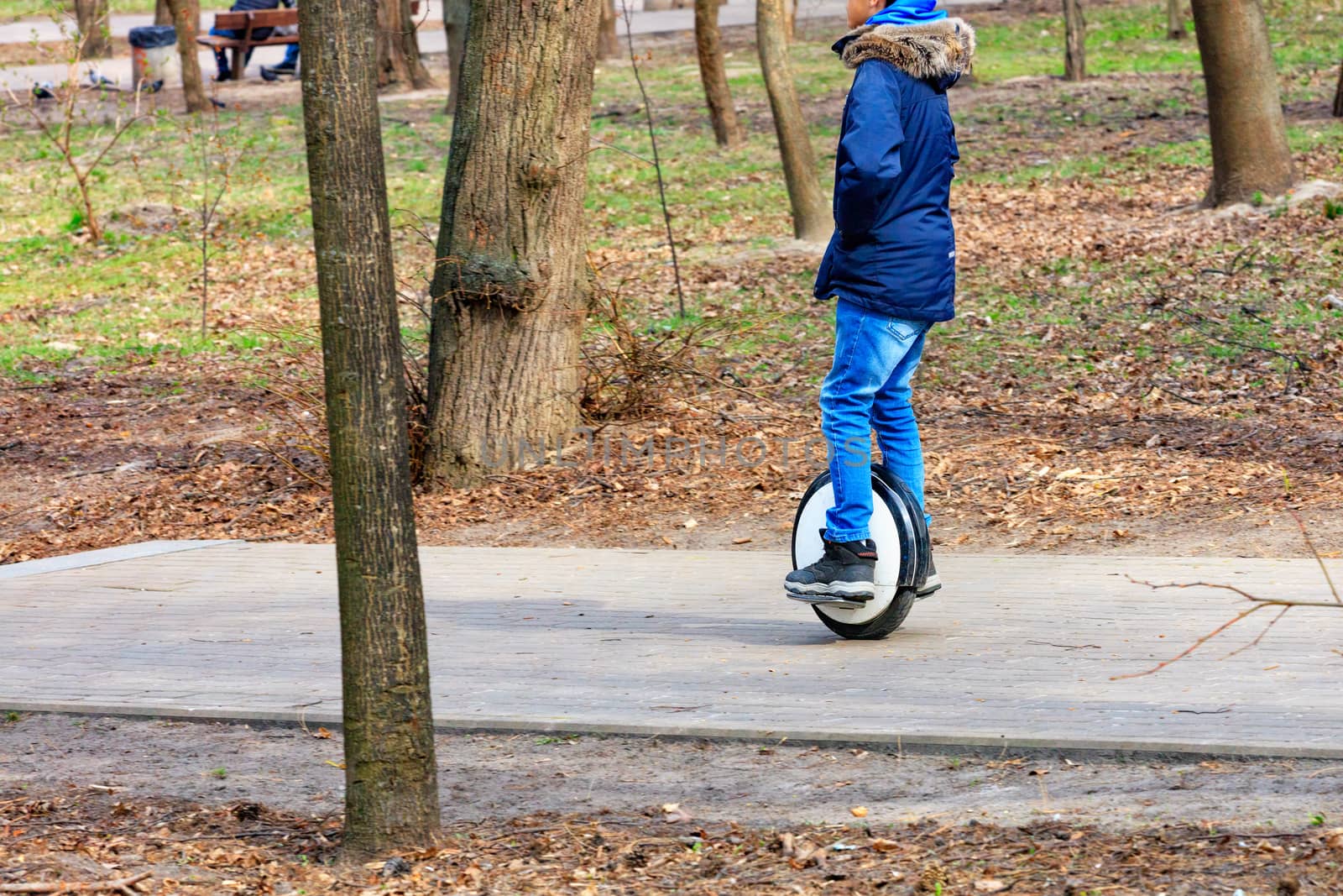 A man in a blue jacket moves on an electric unicycle on the sidewalk among the trees of the city park - a modern concept of freedom of movement.