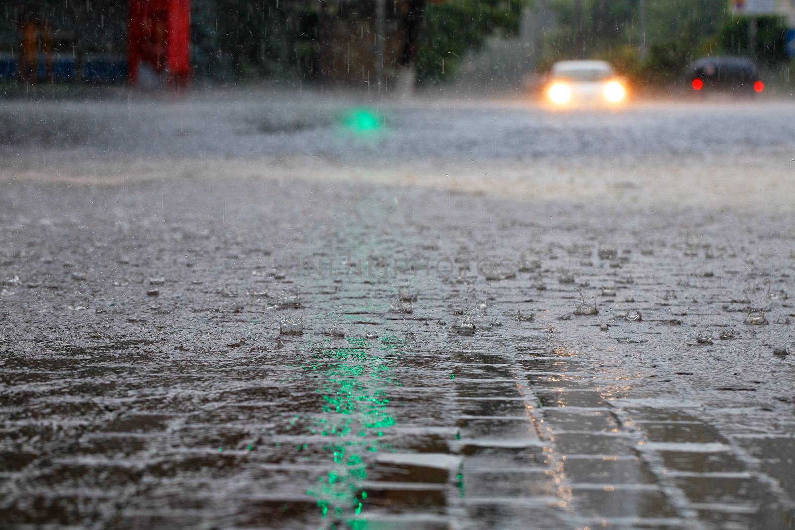 Heavy rain at the crossroads and the green light of a traffic light were reflected in large drops and a stream of water on a city street. by Sergii