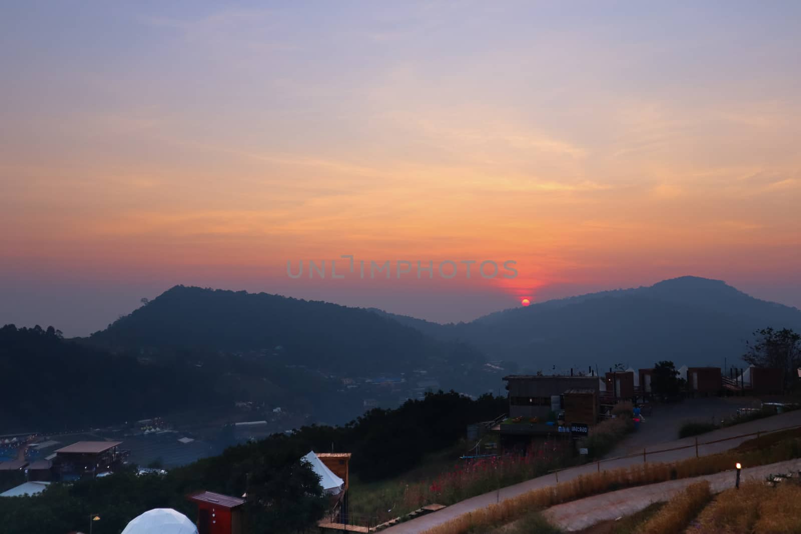 Majestic sunset in the mountains in Chiang Mai, Thailand. The mountain scenery view