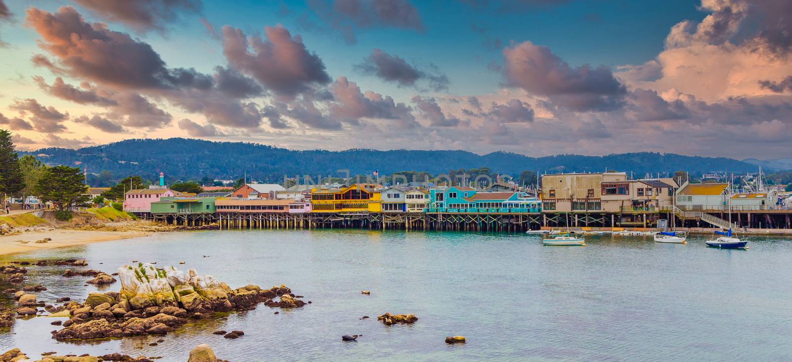 Colorful buildings on the old boardwalk in Monterey California