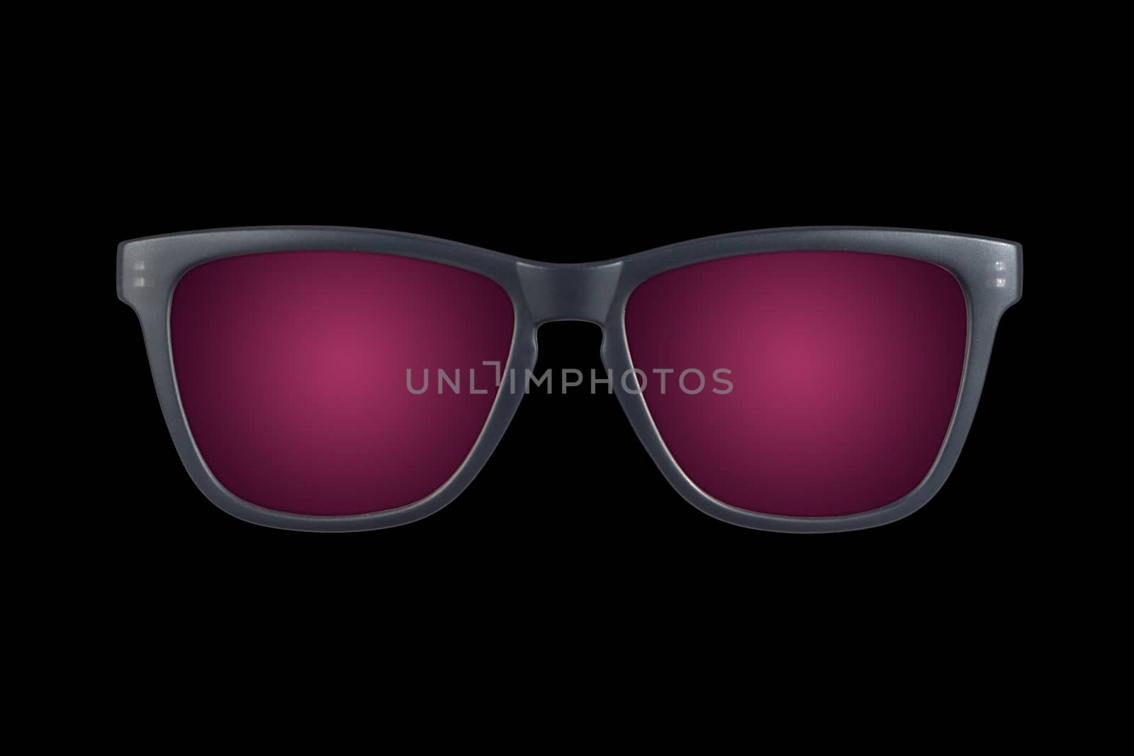 A pair of grey sunglasses with purple lenses on black background