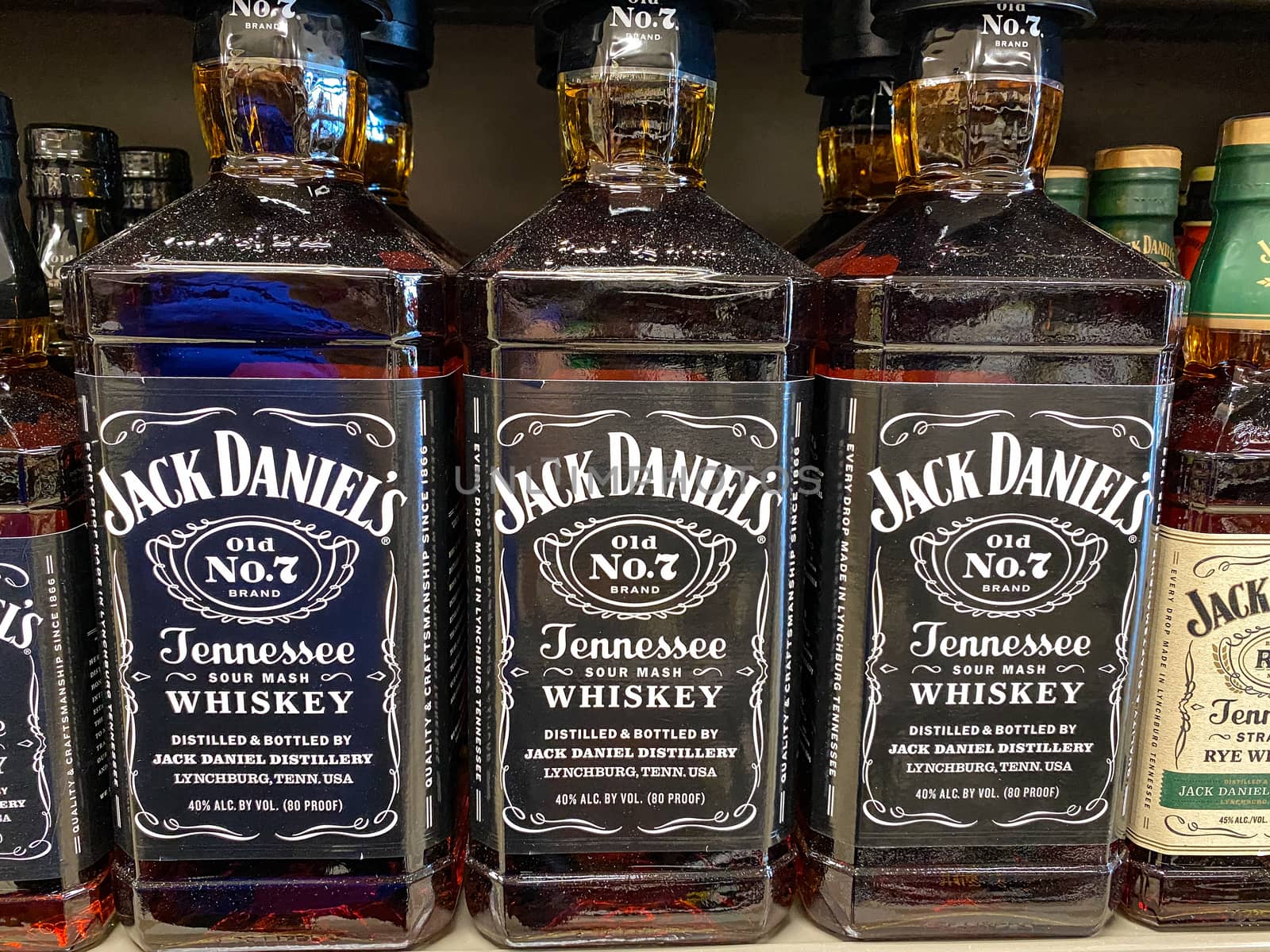 Orlando,FL/USA -5/13/20: A display of Jack Daniel's Tennessee Sour Mash Whiskey at a Publix liqour store.