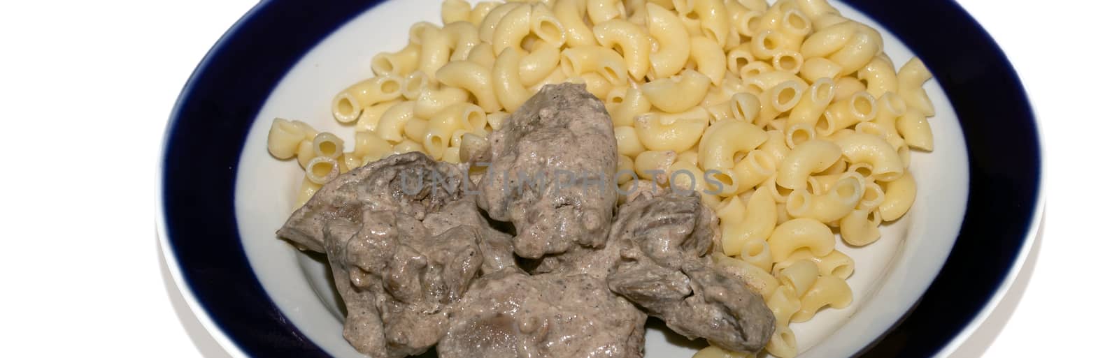 Chicken liver stewed in sour cream and a side dish of pasta in a bowl on a white background, close-up. healthy food, menu concept background