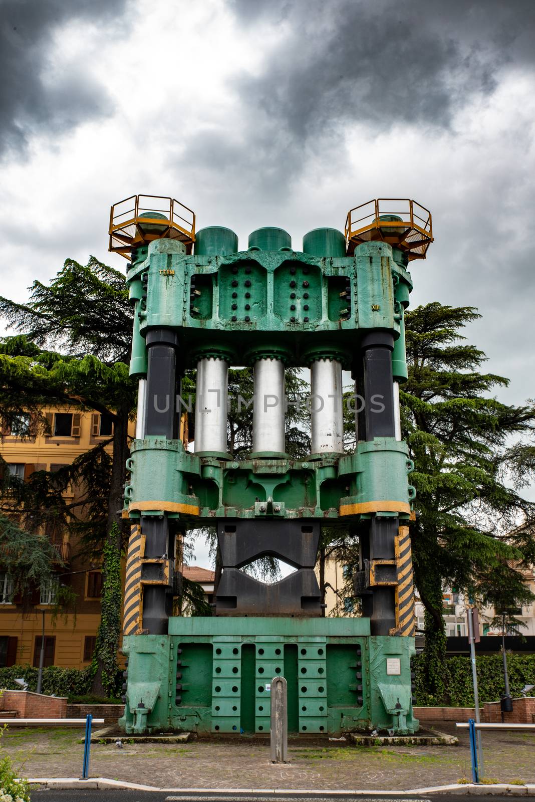 TERNI, ITALY MAY 08 2020:old steel press in front of the terni railway stationold steel press in front of the terni railway station