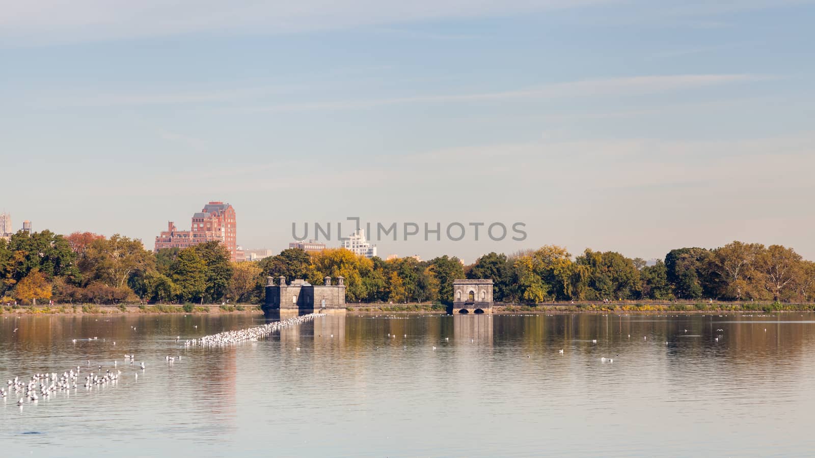 The view across the Jackie Onassis Reservoir in Central Park, New York City on a still autumn morning.