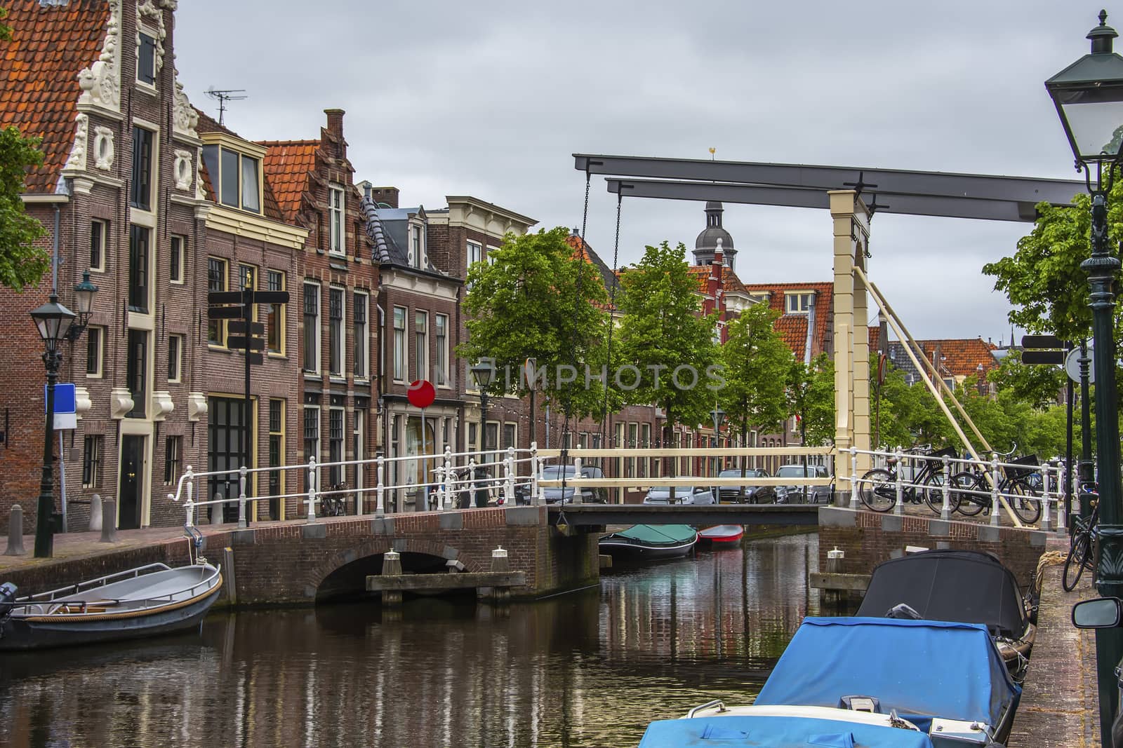 Drawbridge detail and old houses in the center of Alkmaar. netherlands holland